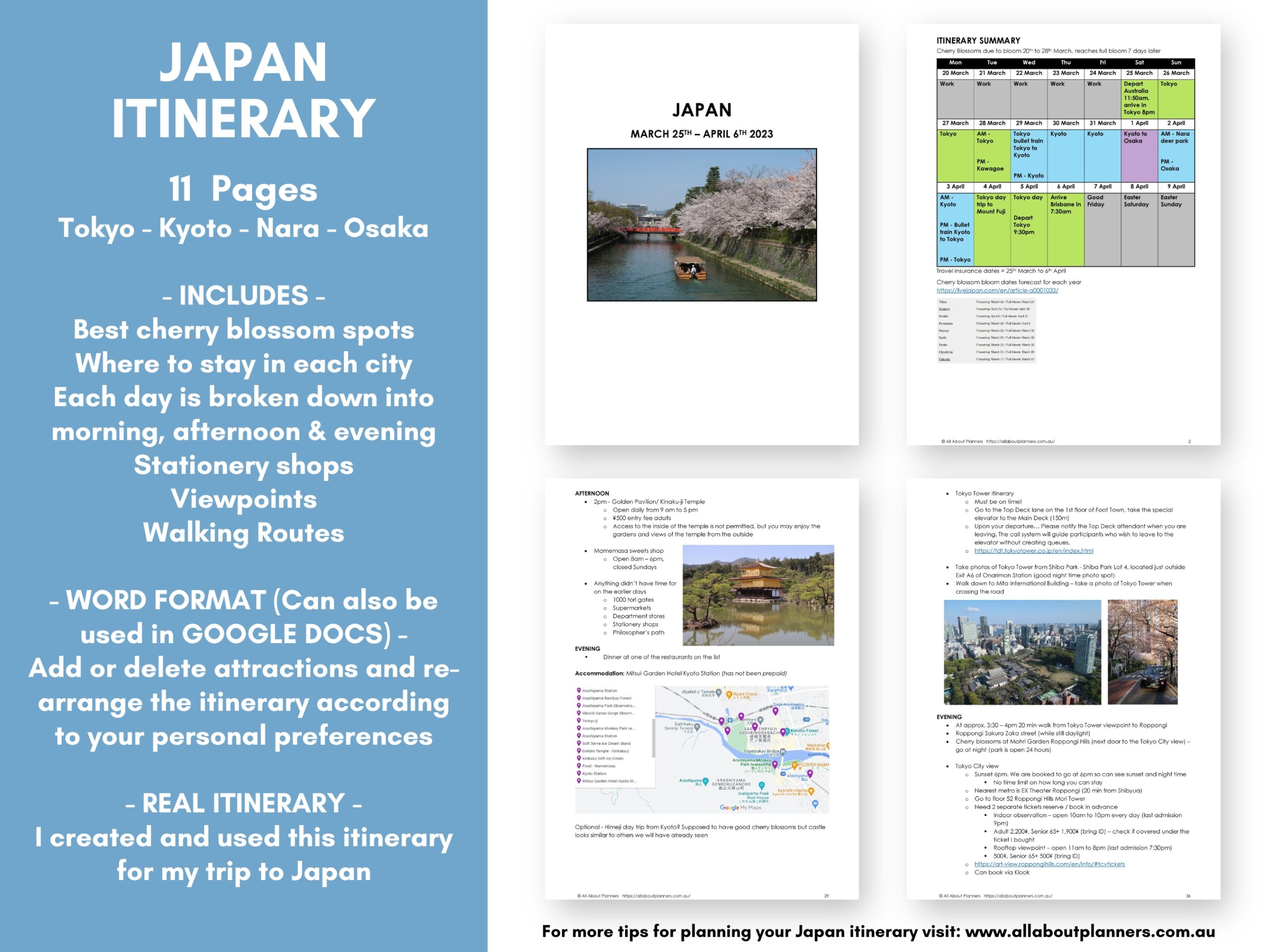 Japan itinerary detailed daily schedule cherry blossom season 11 days attractions viewpoints photo spots digital download
