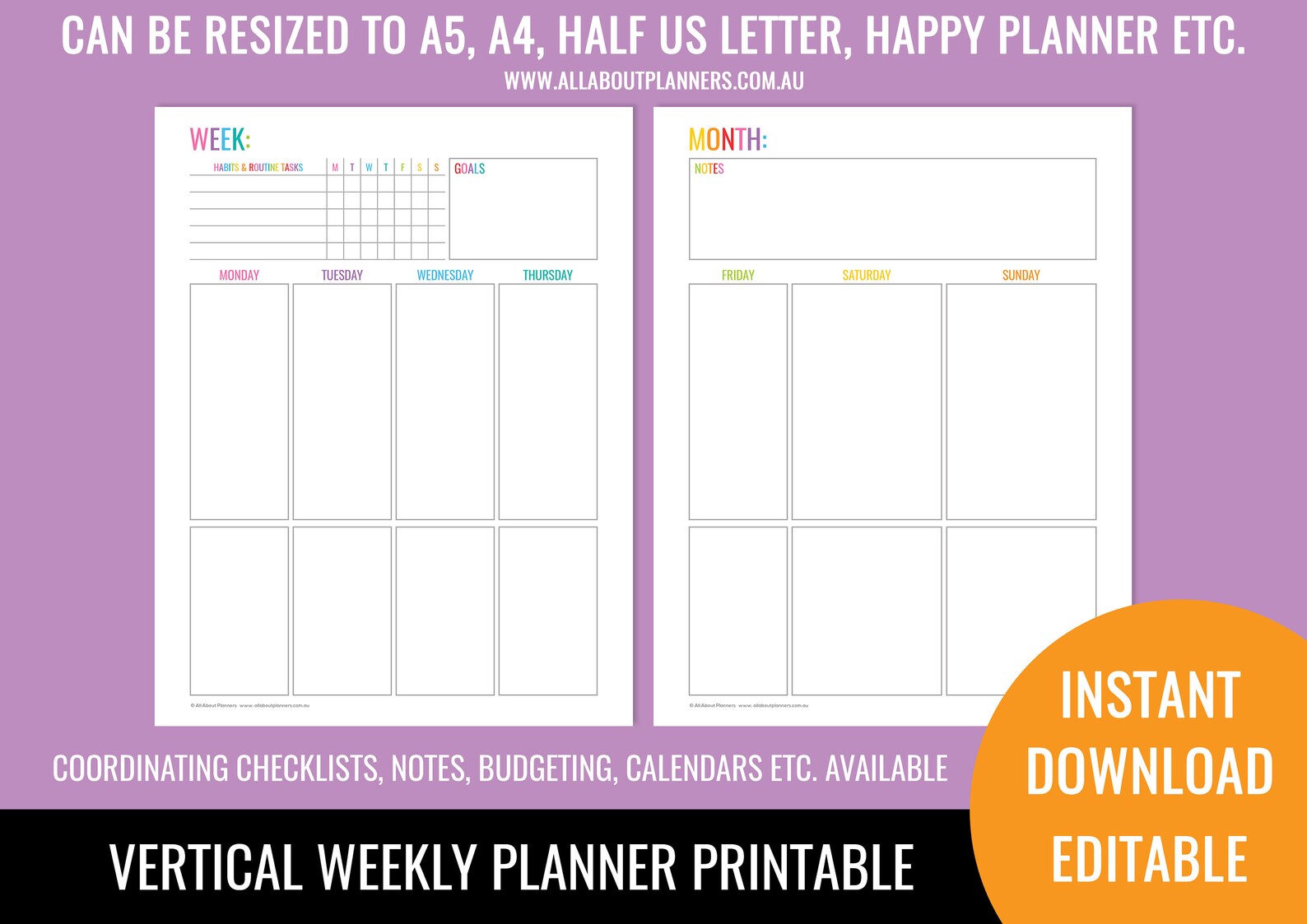 vertical weekly planner larger weekend space layout printable rainbow all about planners