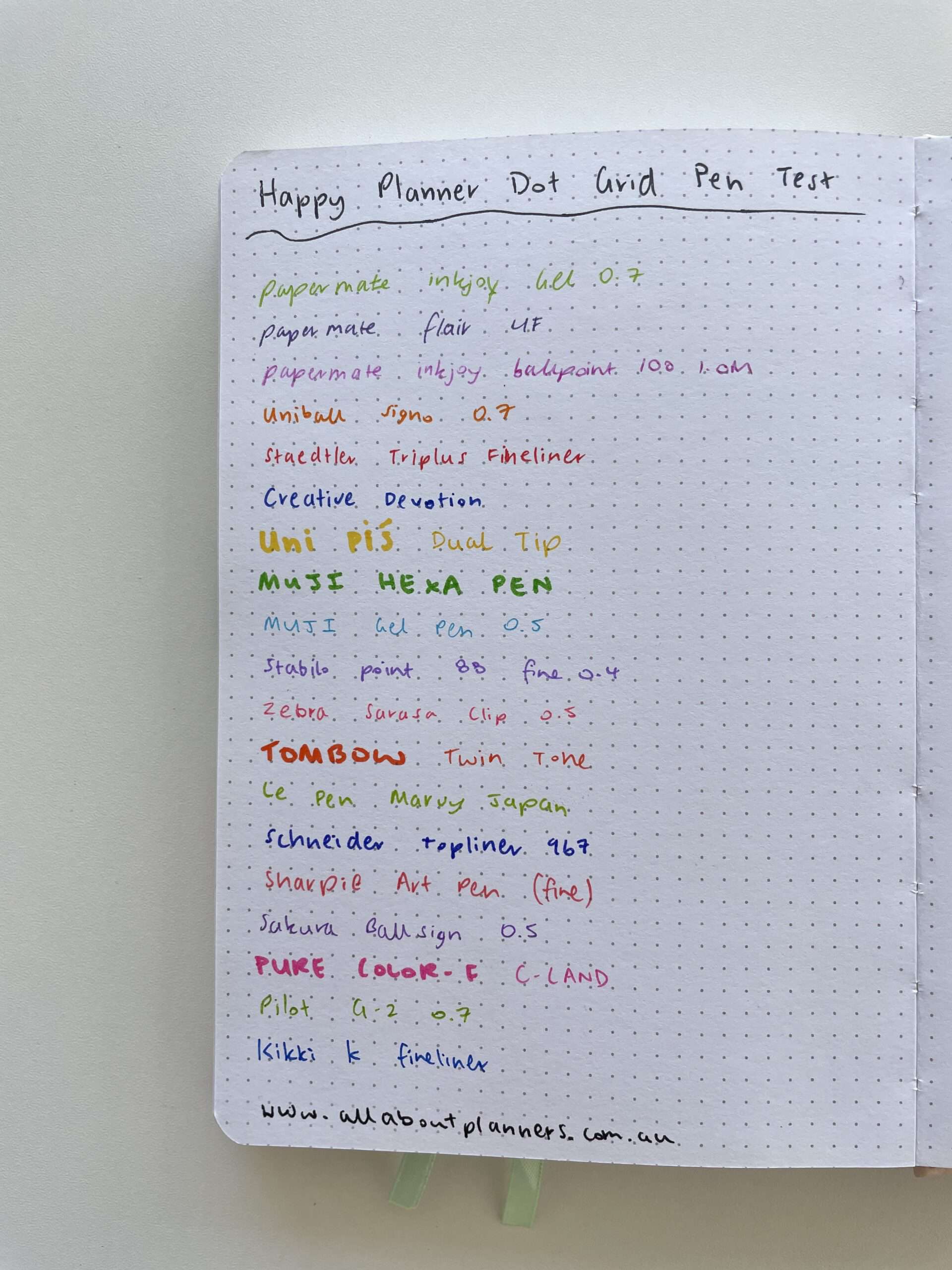 happy planner sewn bound dot grid notebook pen testing ghosting bleed through paper quality 160 gsm pens highlighters stamps