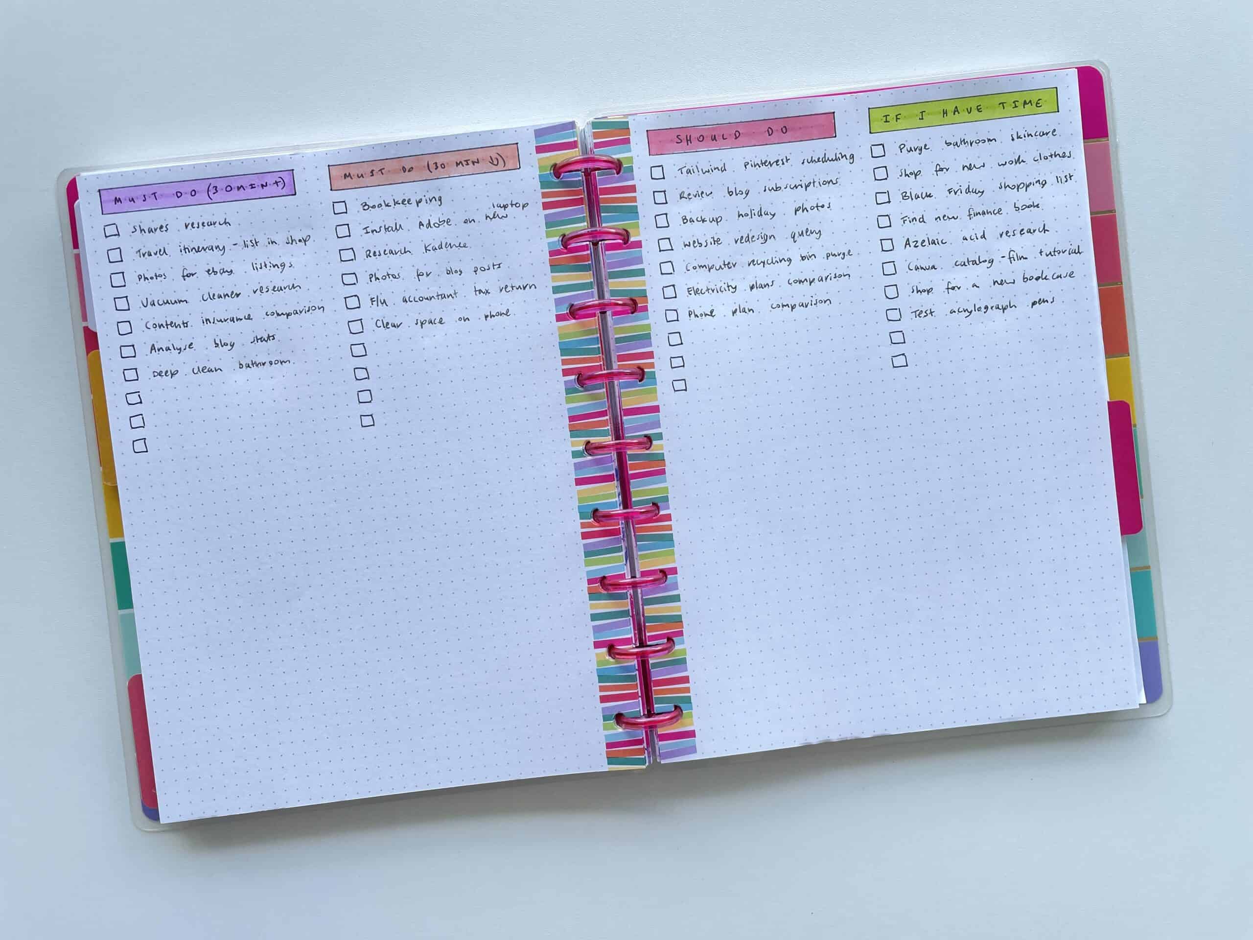 checklists for your bullet journal color coded time based simple easy minimalist fast simple time management