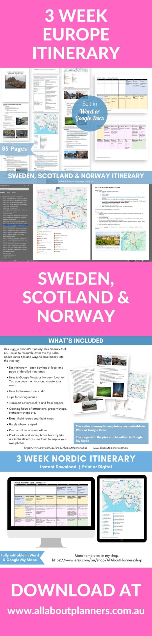 3 week nordic itinerary europe norway sweden scotland detailed daily attractions accommodation day tours flight routes lofoten islands bergen oslo svolvaer autumn nothern lights fall