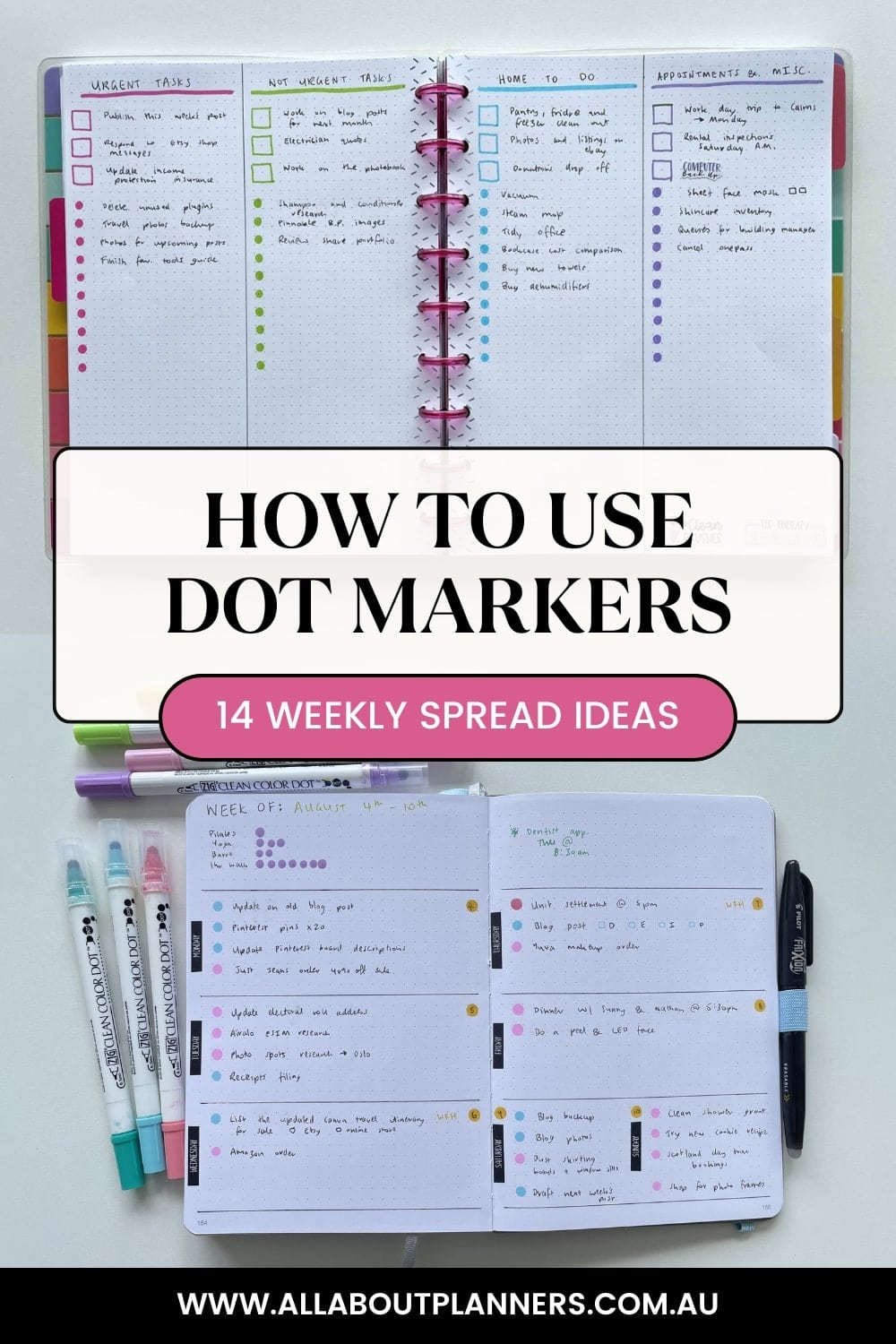 Fast simple bullet journal weekly spread using dot markers with color-coded sections, time-based layout ideas, perfect for planner beginners needing quick structure