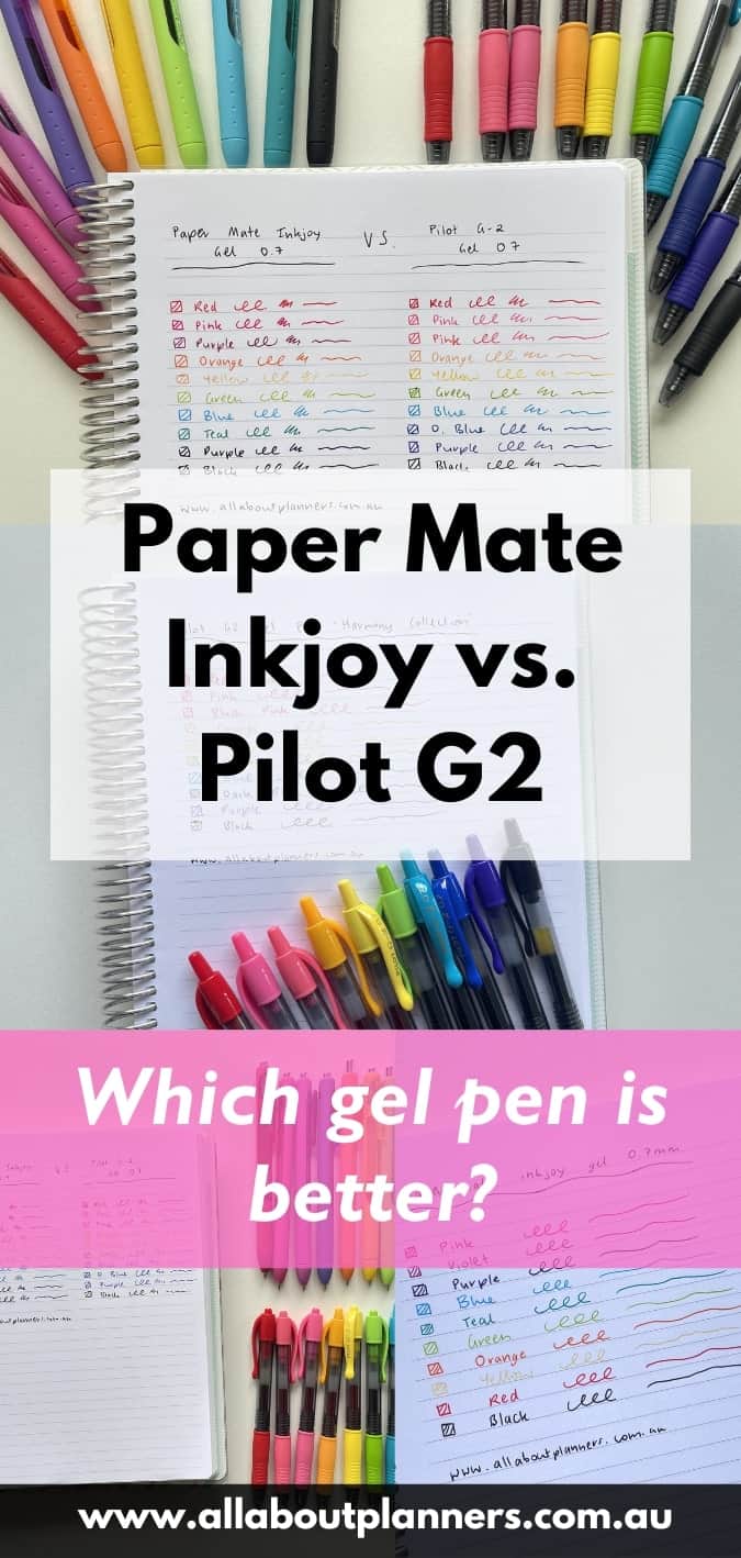 Paper Mate InkJoy Gel Pens vs Pilot G2 review. Smooth gel pens, quick-dry ink, vibrant colors. Ideal for bullet journals, planners, note-taking, and journaling. Compare comfort grip how long ink lasts best gel pen