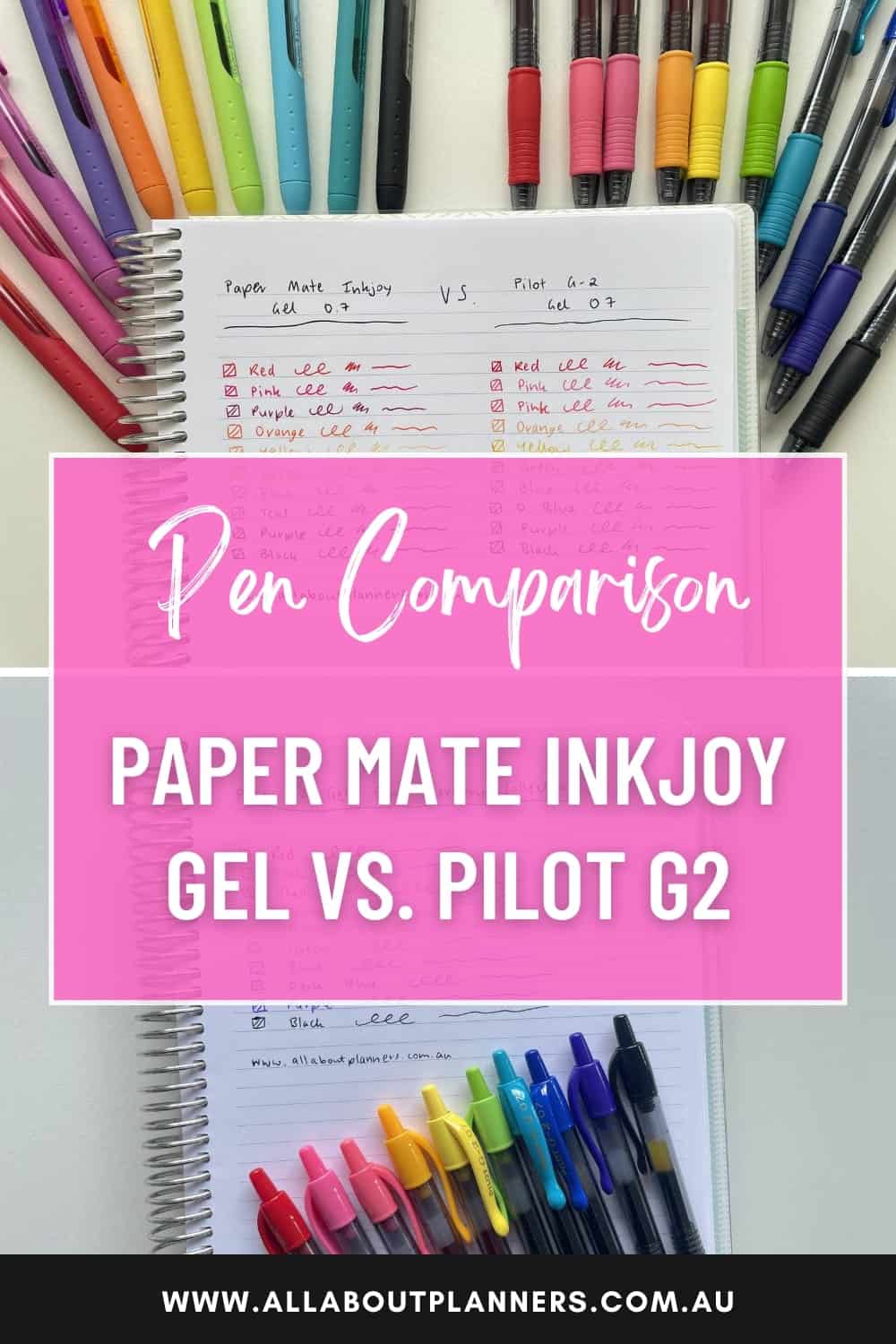 Paper Mate InkJoy Gel Pens vs Pilot G2 comparison. Smooth writing test, quick-dry ink, bold colors, comfort grip. Best gel pens for journaling, note-taking, planners, and bullet journals. Find out which pen performs better