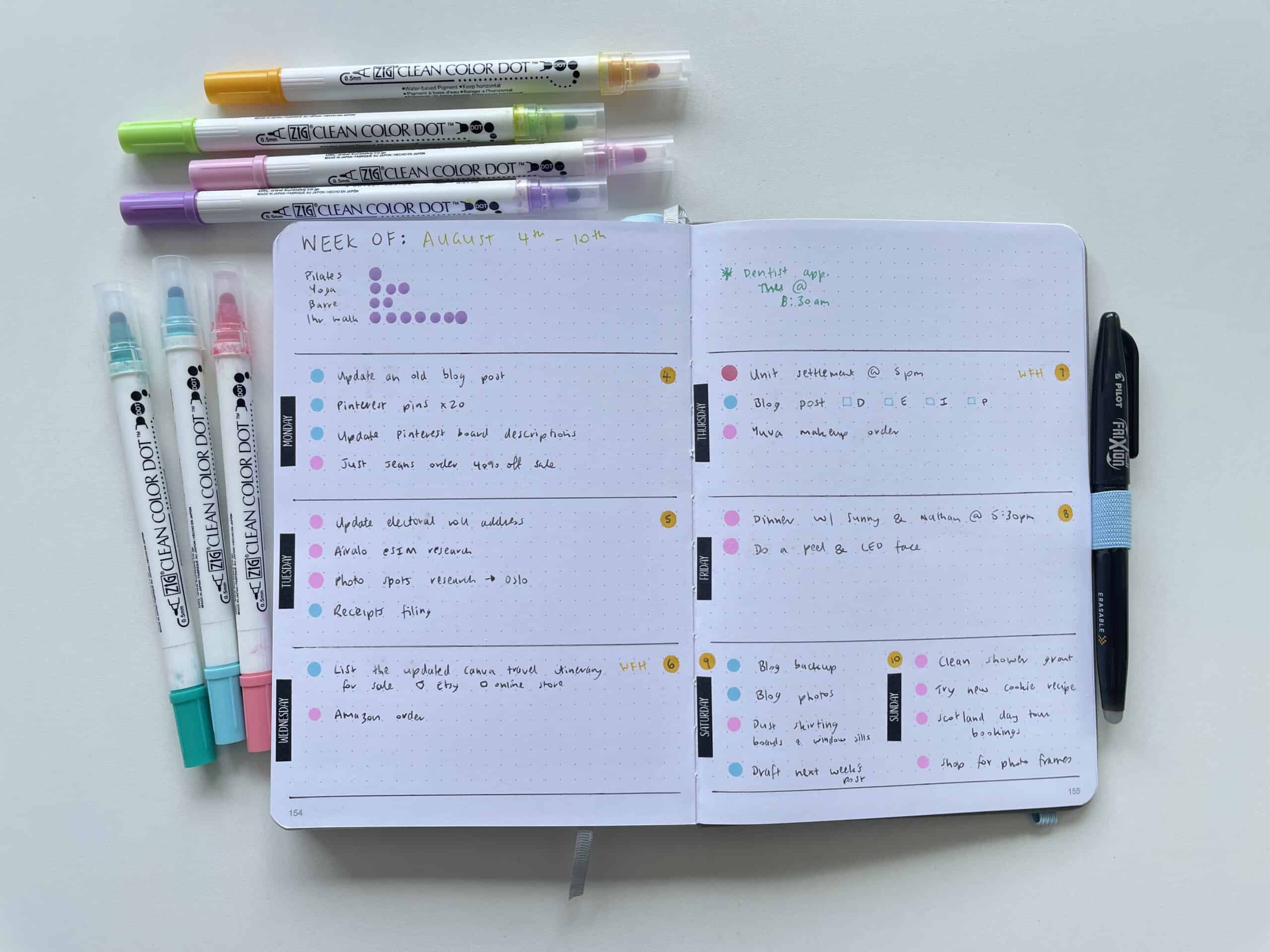 bullet journal dot markers weekly spread fast quick color coded minimalist days of the week washi tape sunshine sticker co rainbow habit tracker newbie beginner easy