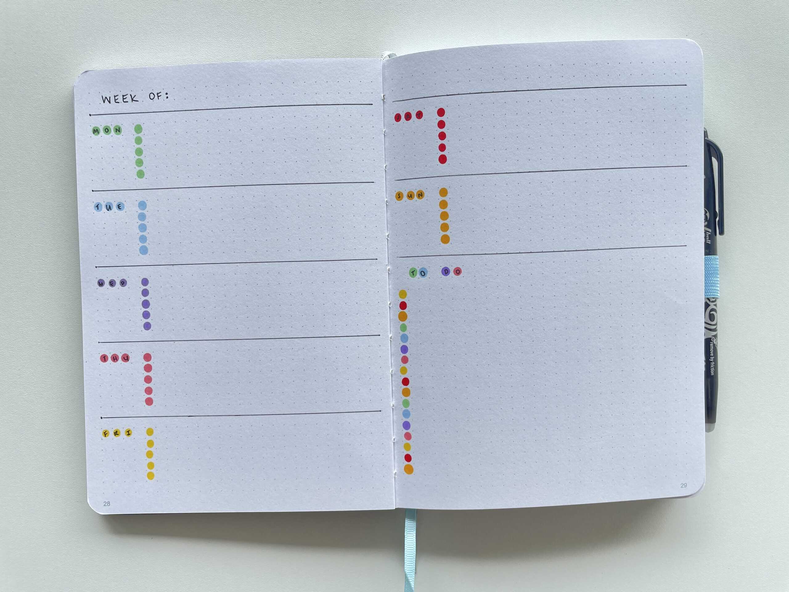 color coded weekly spread using dot markers bullet journaling dashboard layout minimalist fast simple clean layout ideas inspiration bujo spreads bullet journal