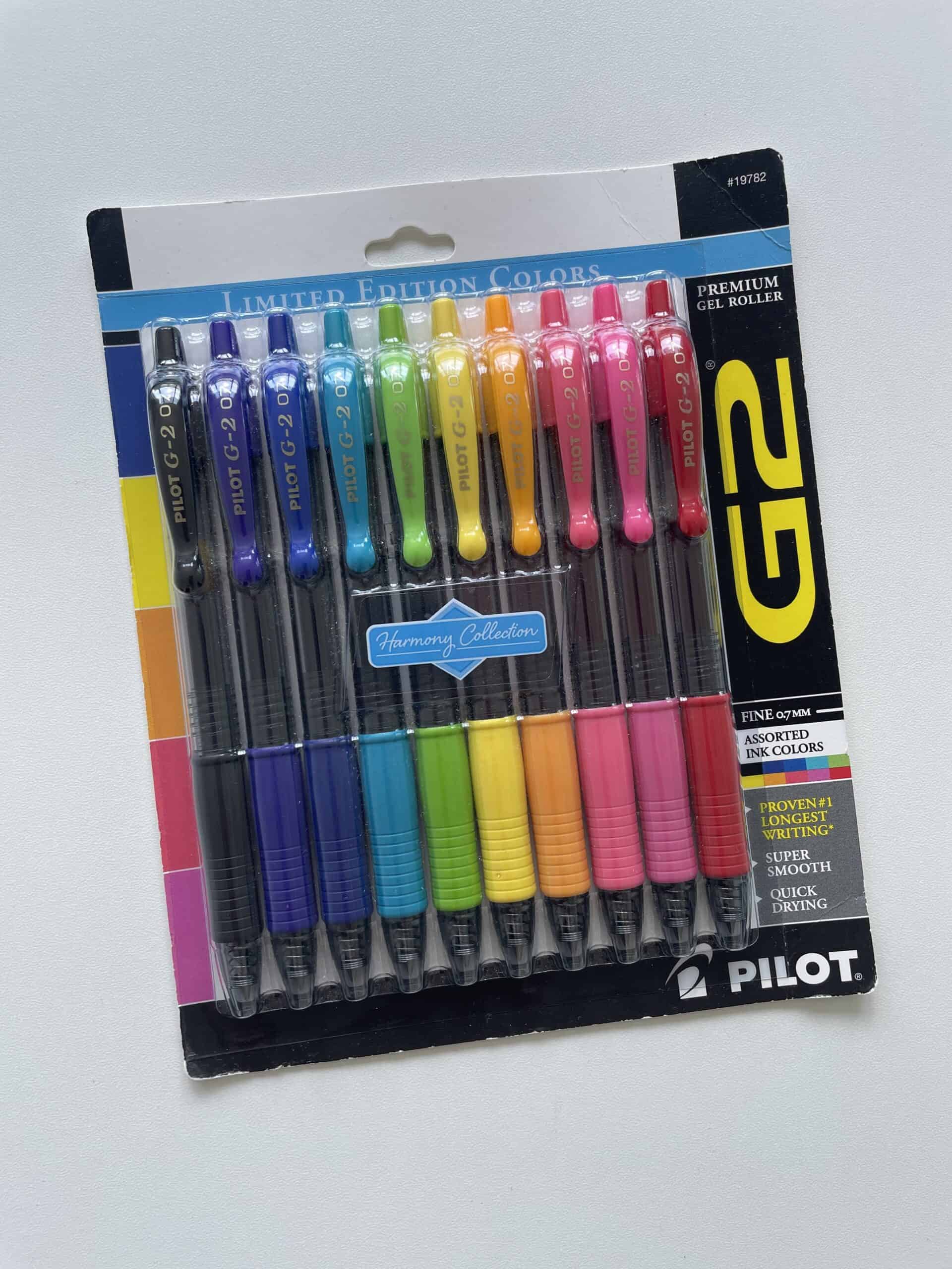pilot g2 harmony collection gel pens rainbow color coding bright pink purple red best pens for school fast ink drying pen testing smudging ghost