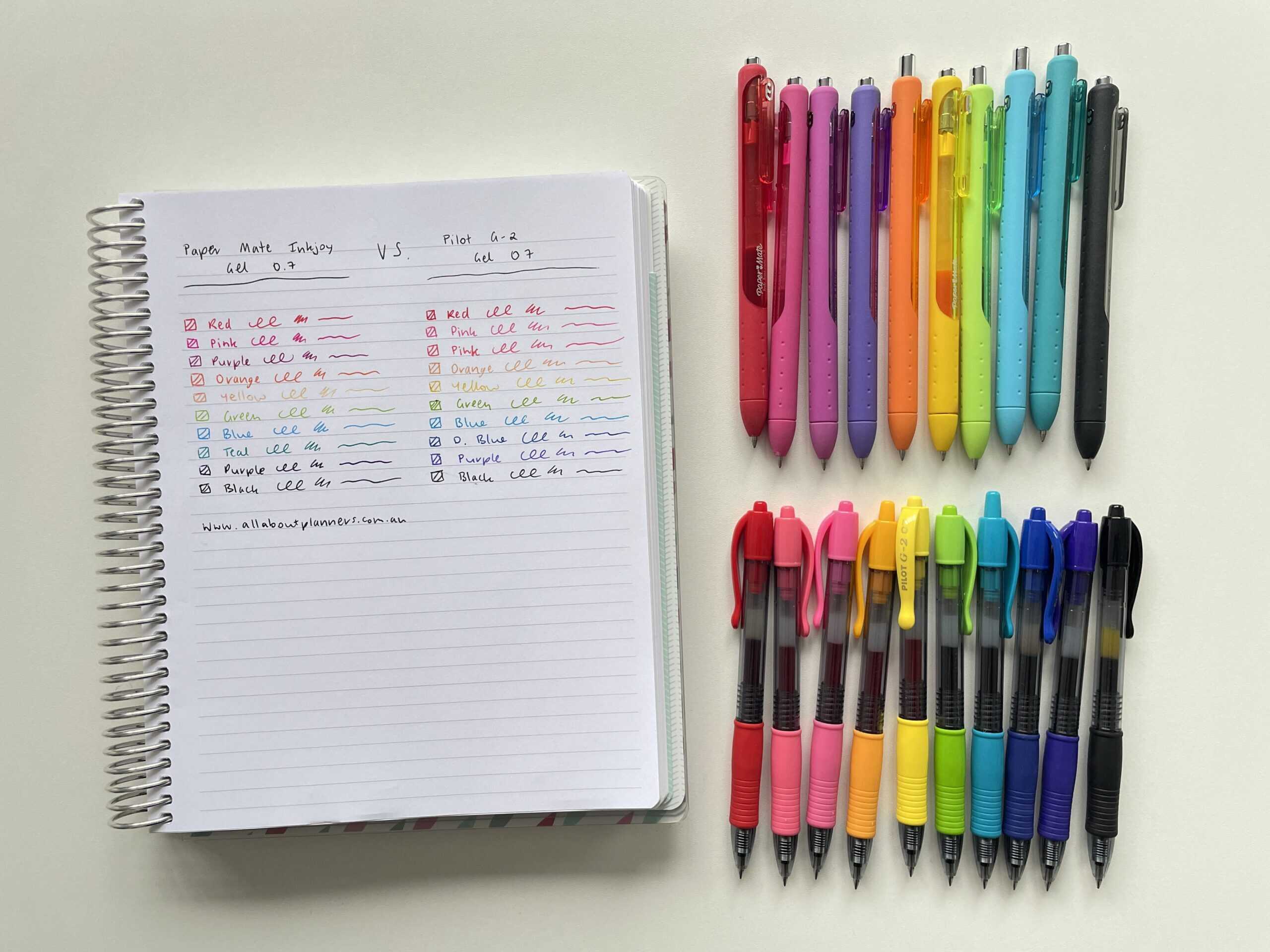 pilot g2 pen versus paper mate inkjoy gel pens point 7 rainbow color coding best pens for planning bullet journal school work college refillable