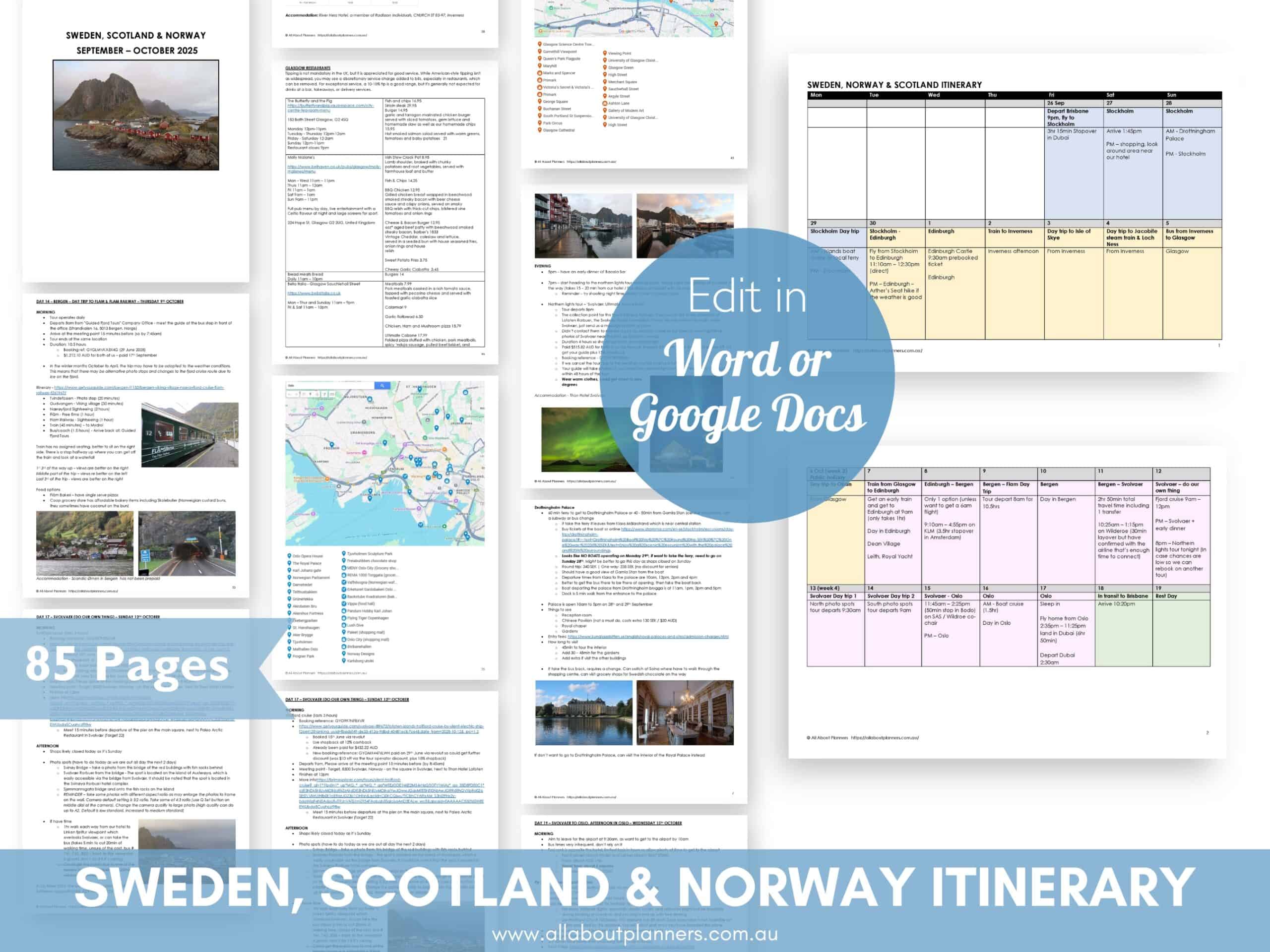sweden scotland norway itinerary 3 weeks autumn september october lofoten islands stockholm bergen edinburgh jacobite inverness svolvaer glasgow detailed edit in word customisable