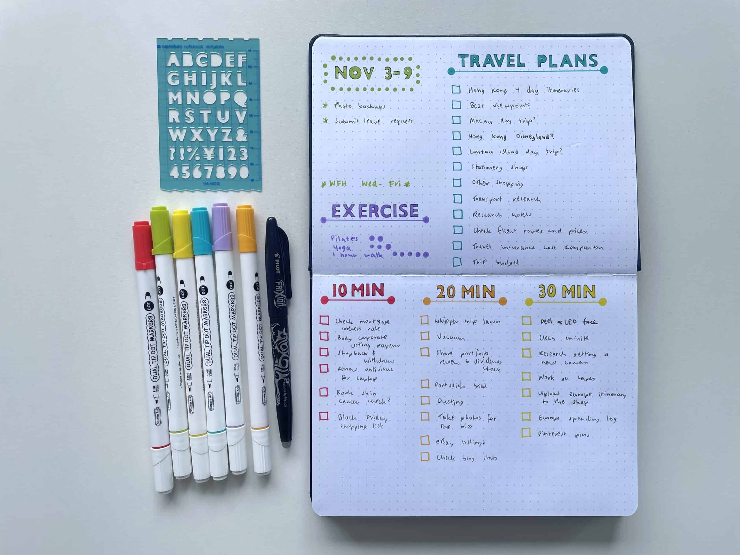 bullet journal fast weekly spread simple vanco alphabet stencil rainbow color coded checklists time based productivity