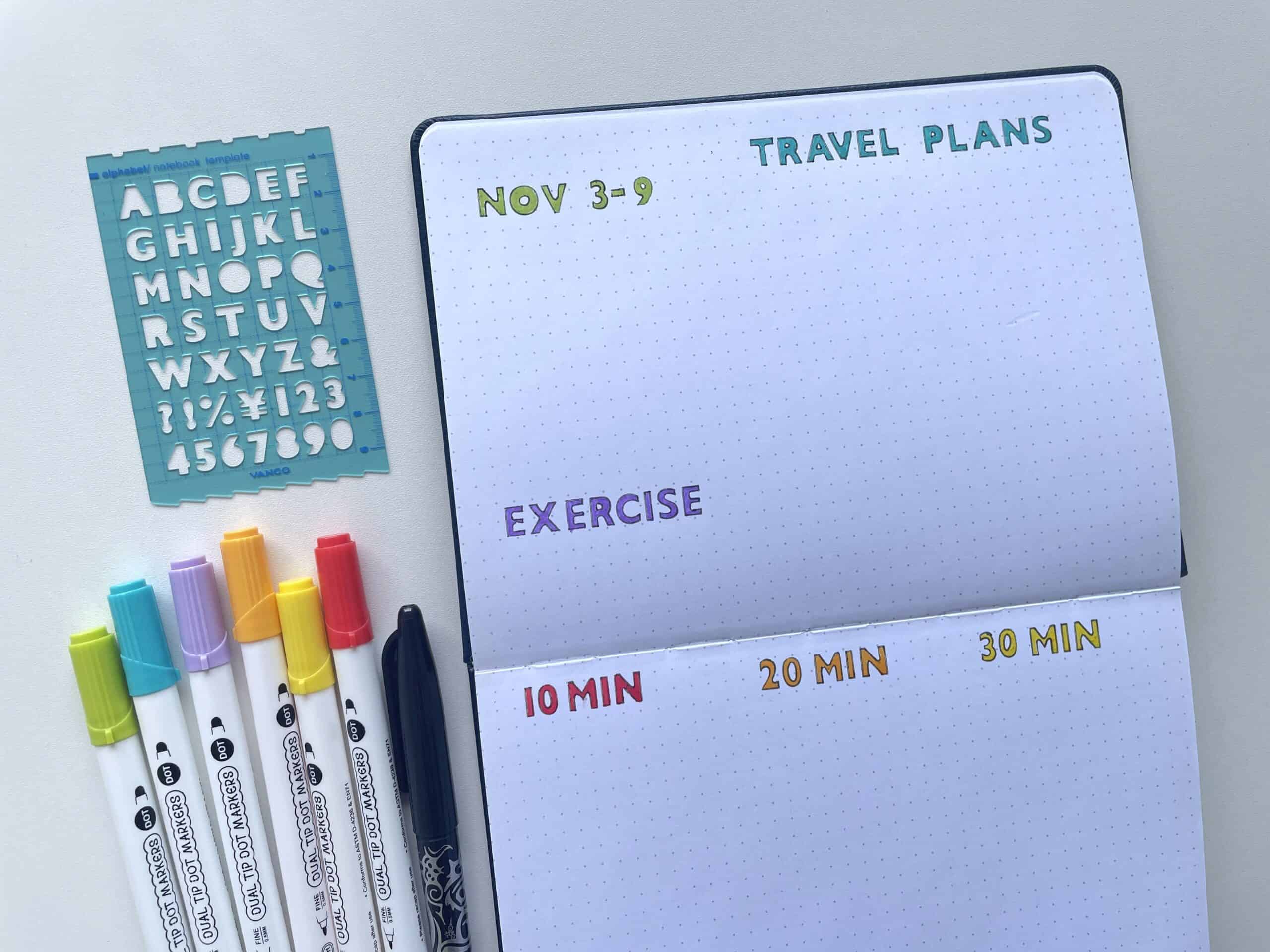 rainbow bullet journal weekly spread alphabet stencils categorised list productivity time based checklist beginner easy