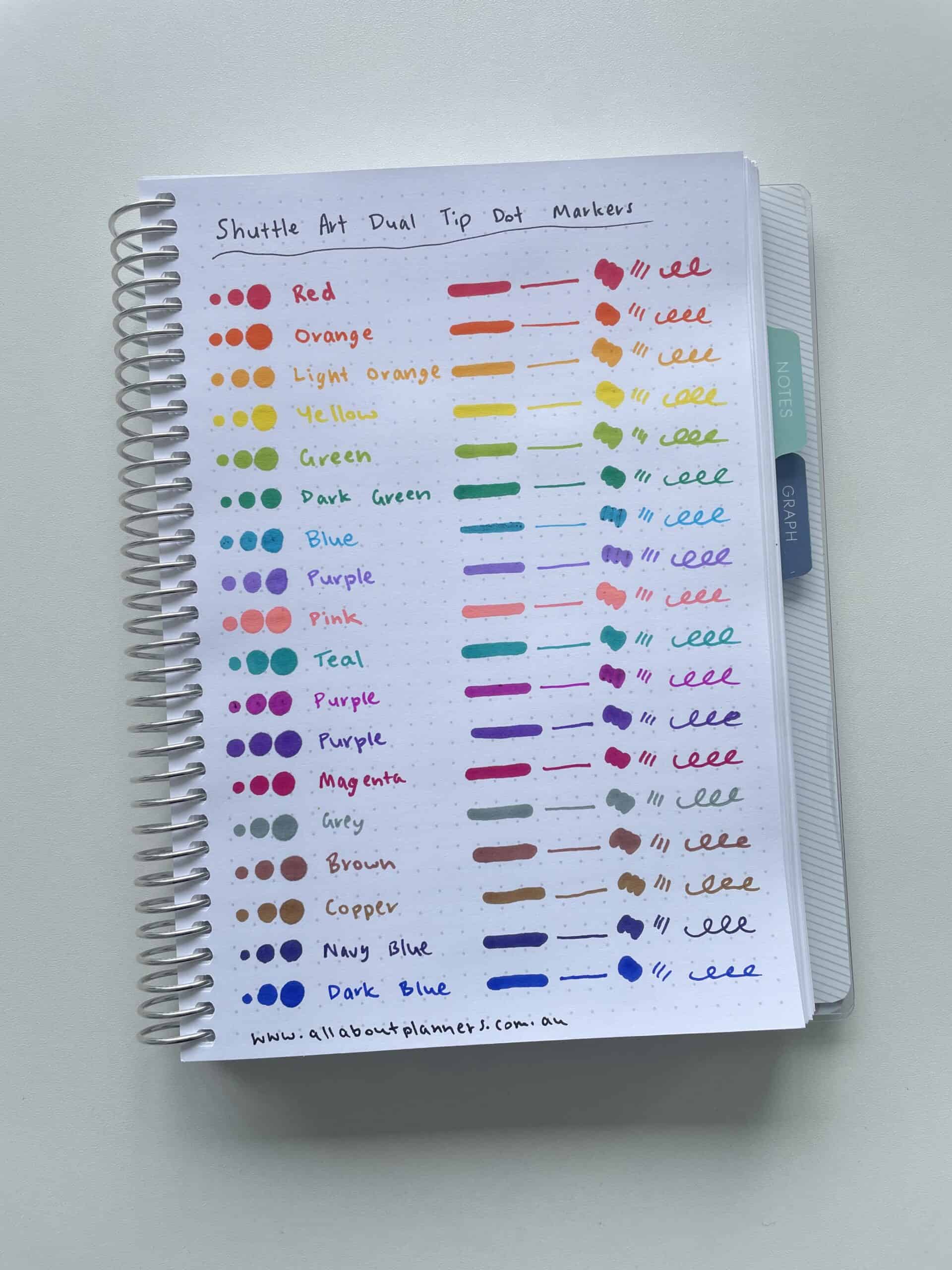swatch testing shuttle art dot markers colors pink purple teal primary color coding pens for planners and stationery ink quality ghosting bleed through