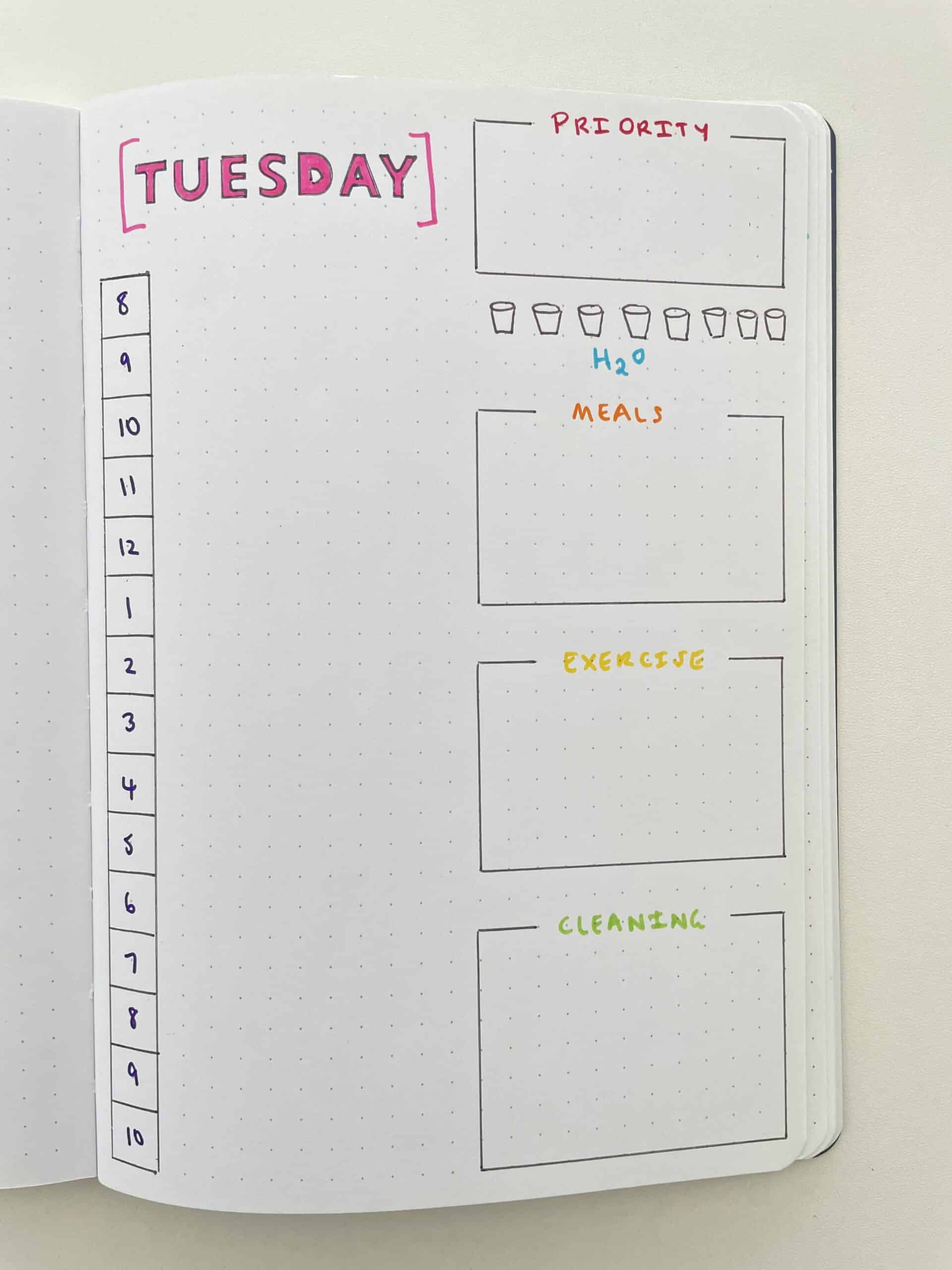 beginner friendly bullet journal daily spread day to a page fast minimalist hourly schedule alphabet stencil rainbow