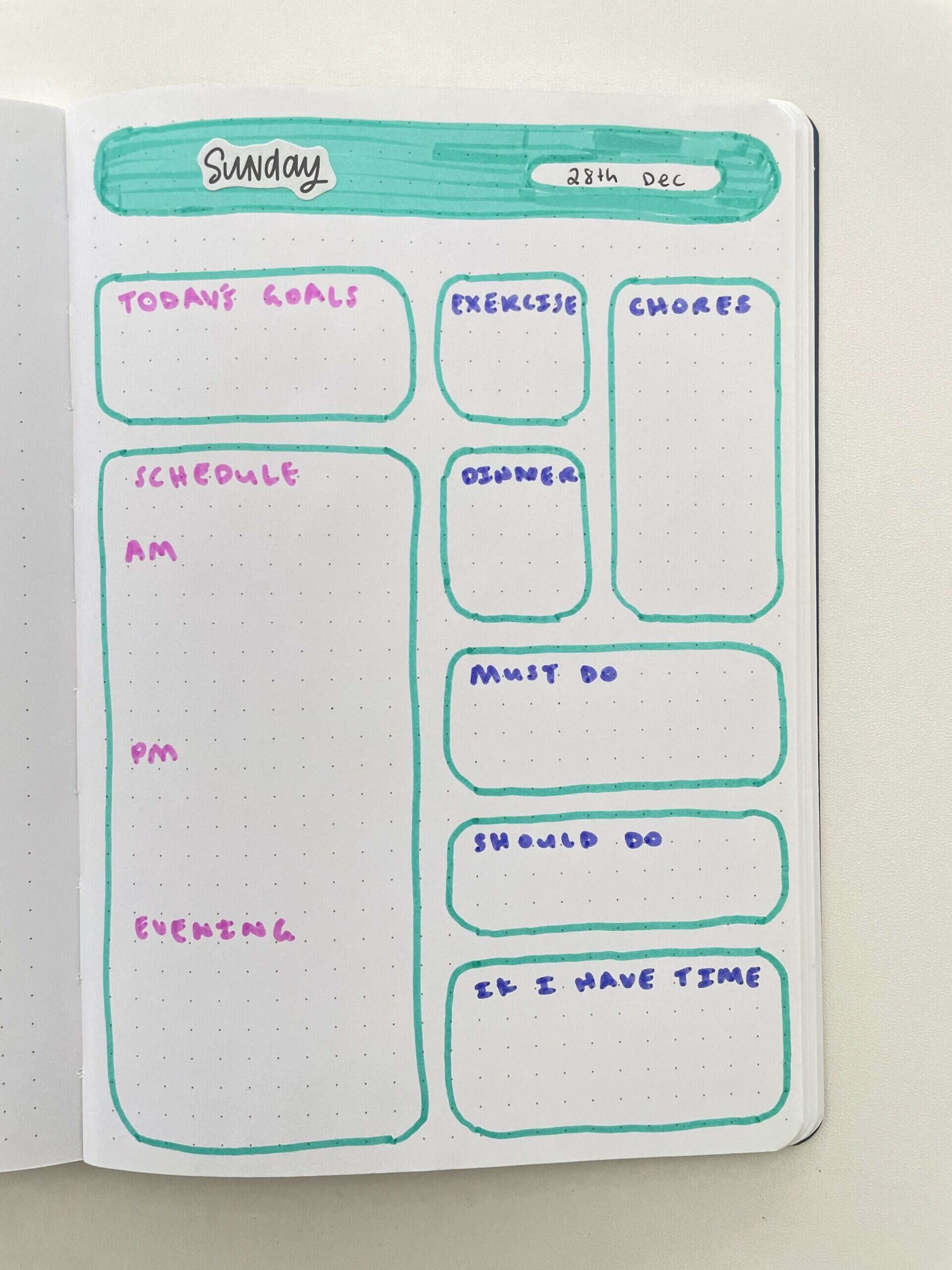 bullet journal daily page day to a page colorful zebra mildliner highlighters teal blue theme categorised fast easy
