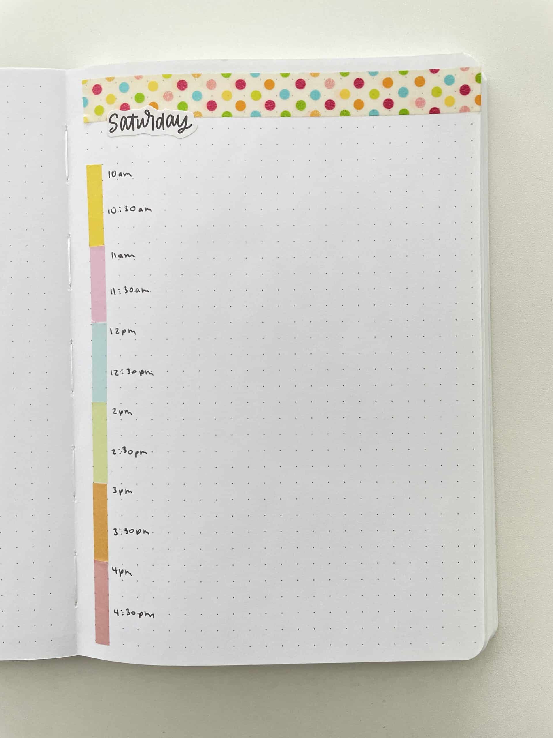 bullet journal washi tape ideas daily spread day to a page layout colorful rainbow color coded hourly schedule simple