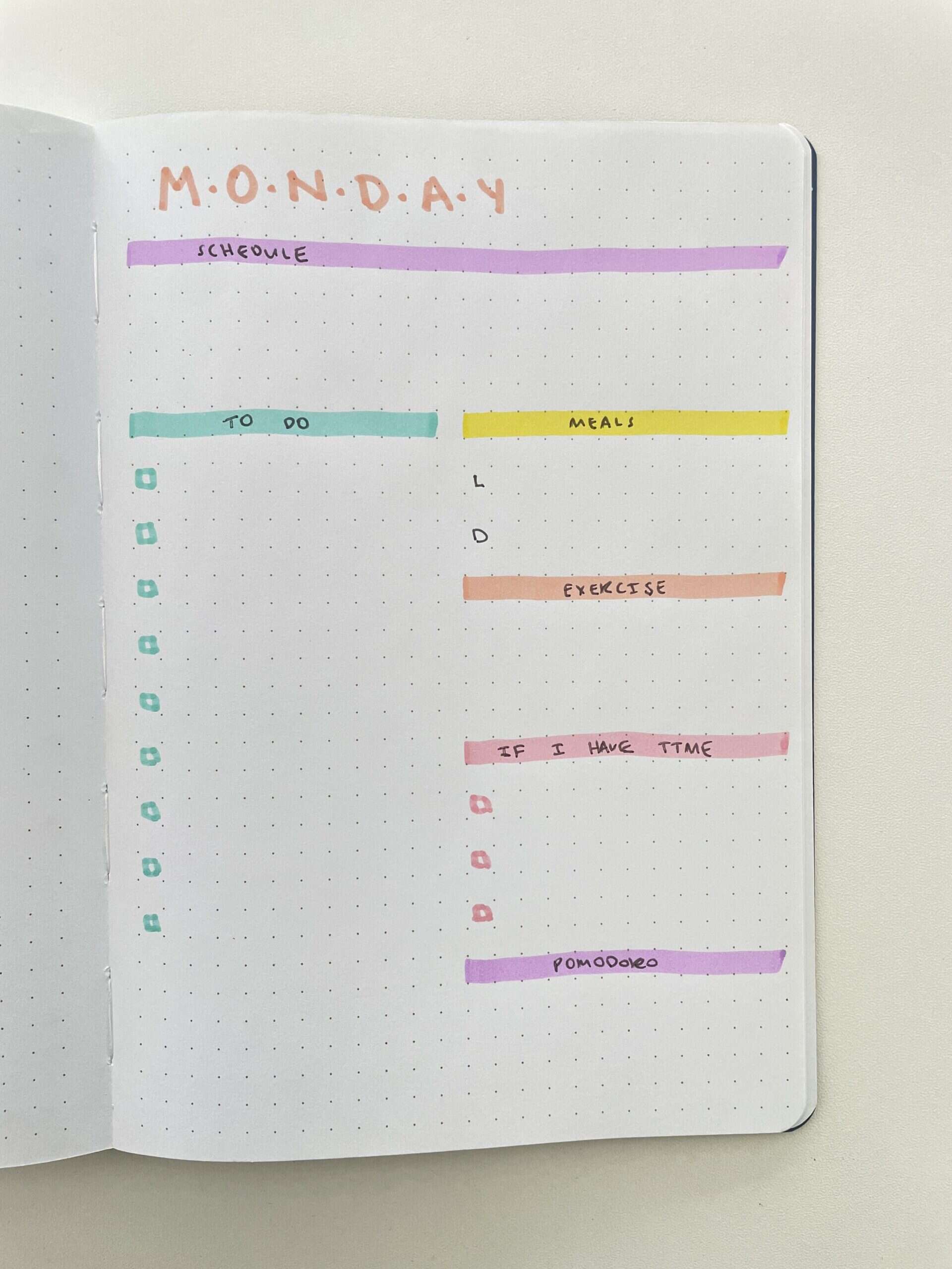 colorful bullet journal daily spread stabilo boss highlighters minimalist fast easy setup beginner bujo layouts tasks