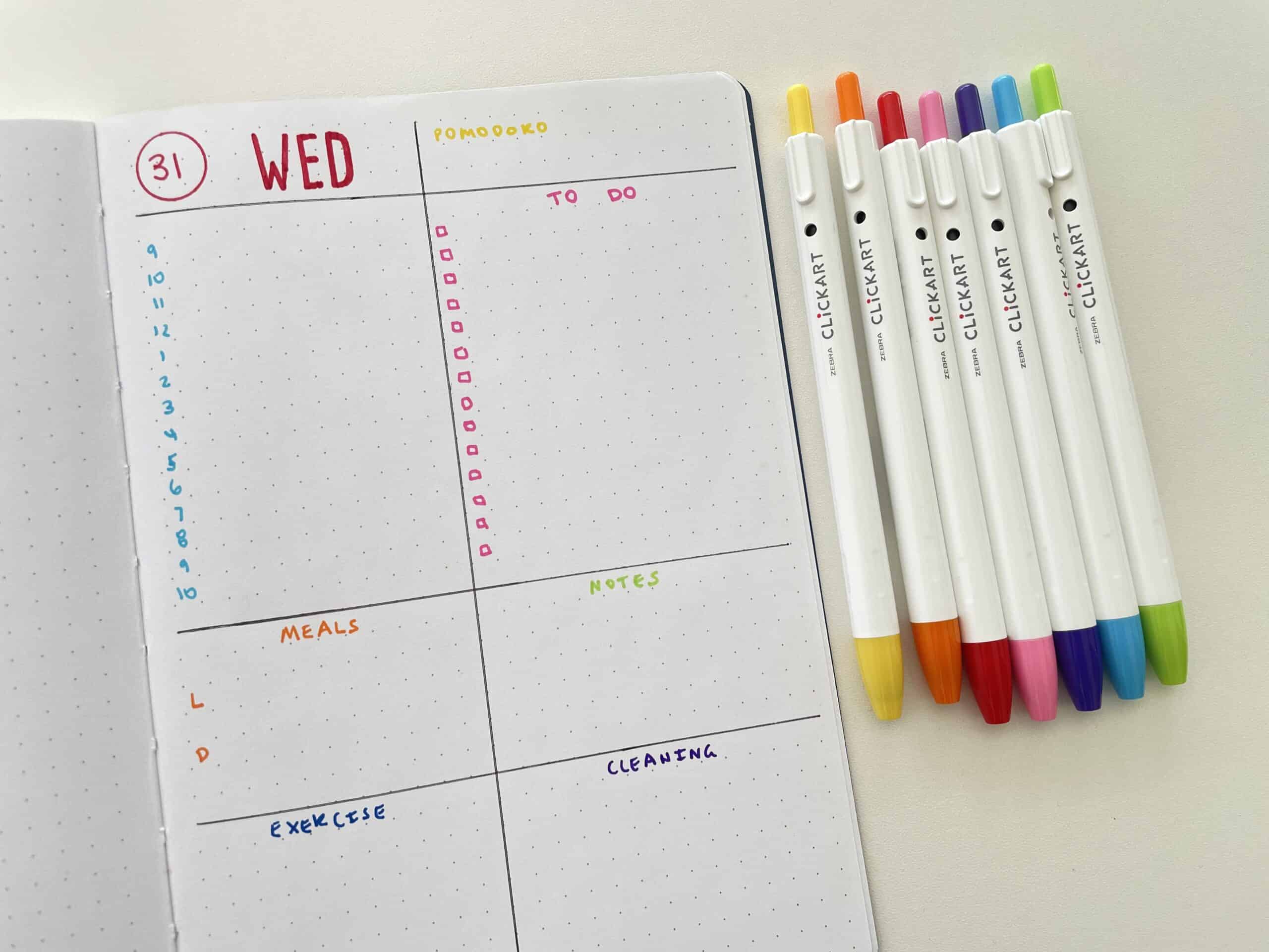 daily planner bullet journal rainbow spread simple fast easy layout using zebra clickart pens a5 page size color code