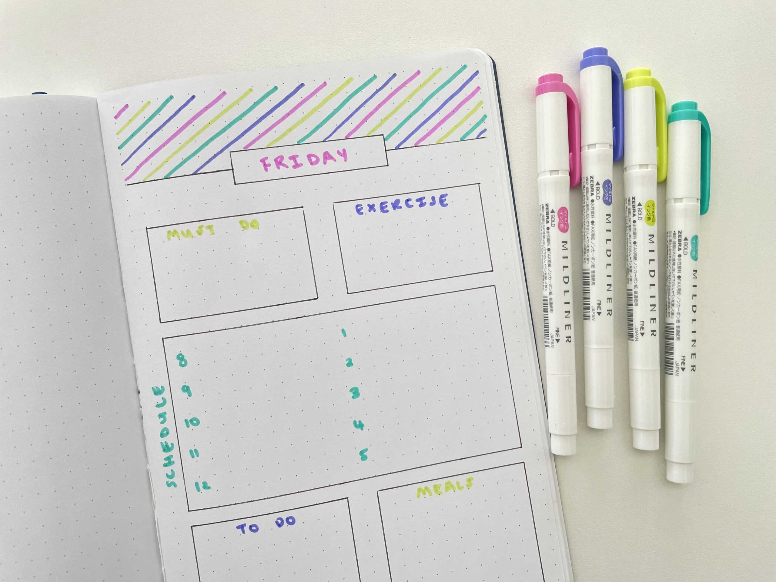 daily spread zebra mildliners bullet journal simple fast easy layout ideas colorful minimalist purple pink green teal