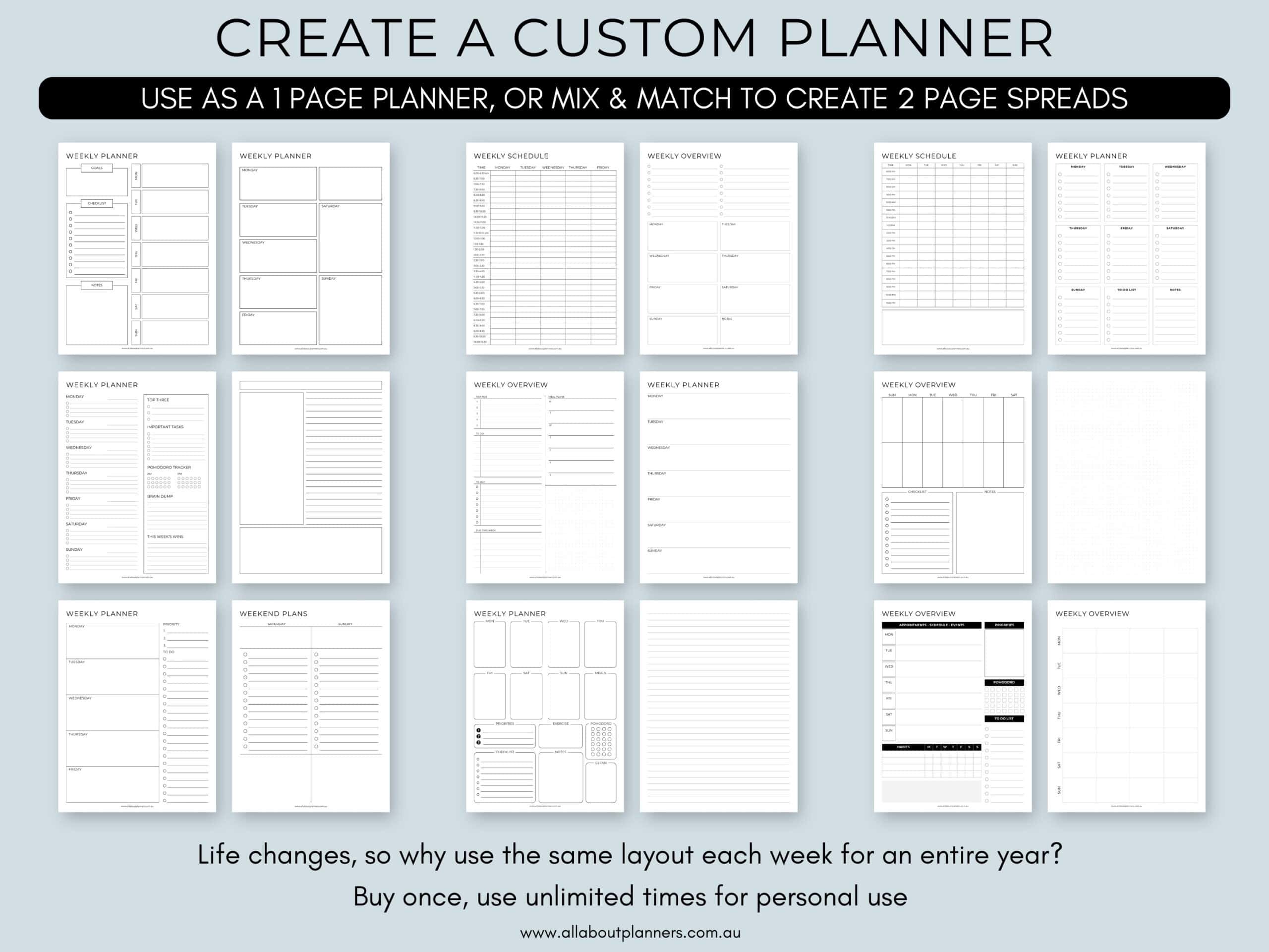 printable weekly planner mix and match custom undated monday sunday start ink friendly schedule meal plan school mom planner 2 page spread