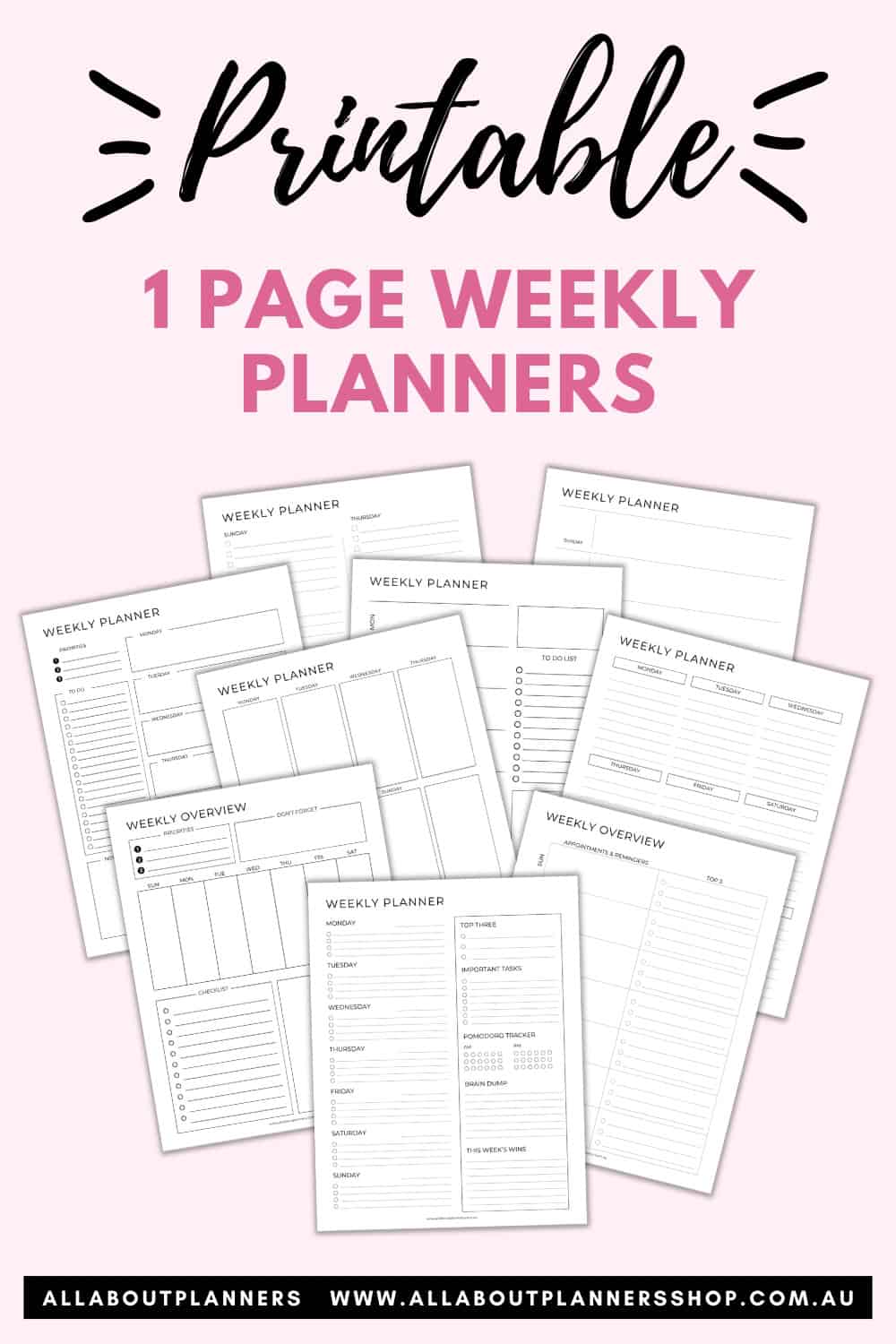 printable 1 page weekly planner minimalist simple layout monday sunday week start fillable pdf template basic goals checklist habit tracker pomodoro school student