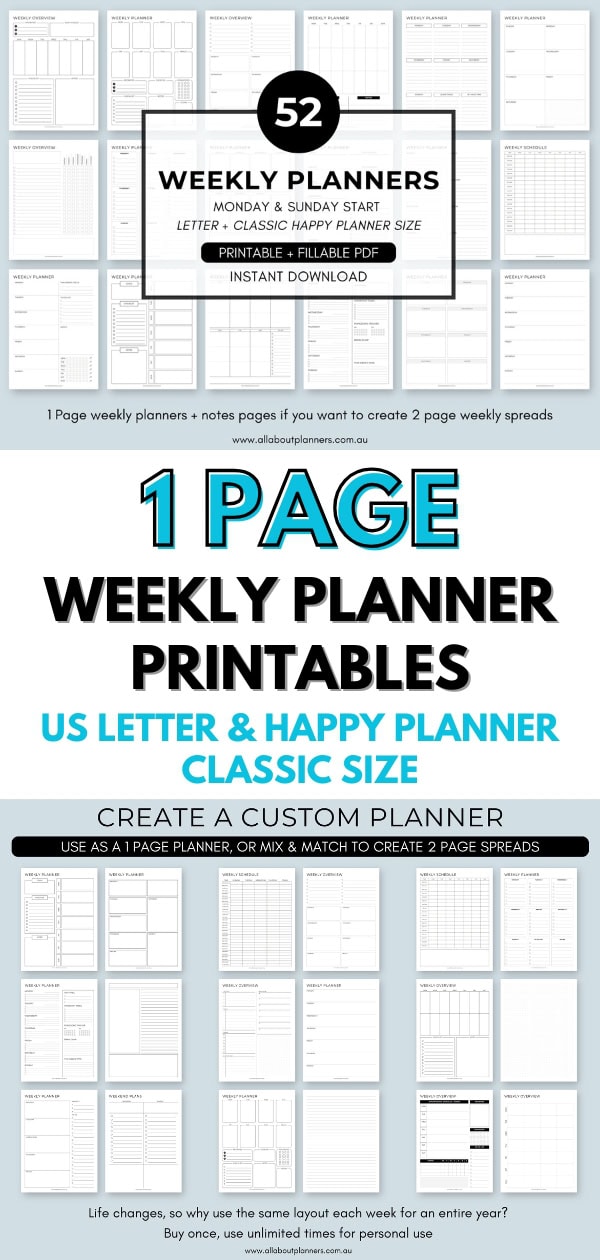 weekly planner printable template week on one page WO1P simple minimalist monday sunday start checklist pomodoro tracker insert refill pages happy planner classic size fillable dashboard