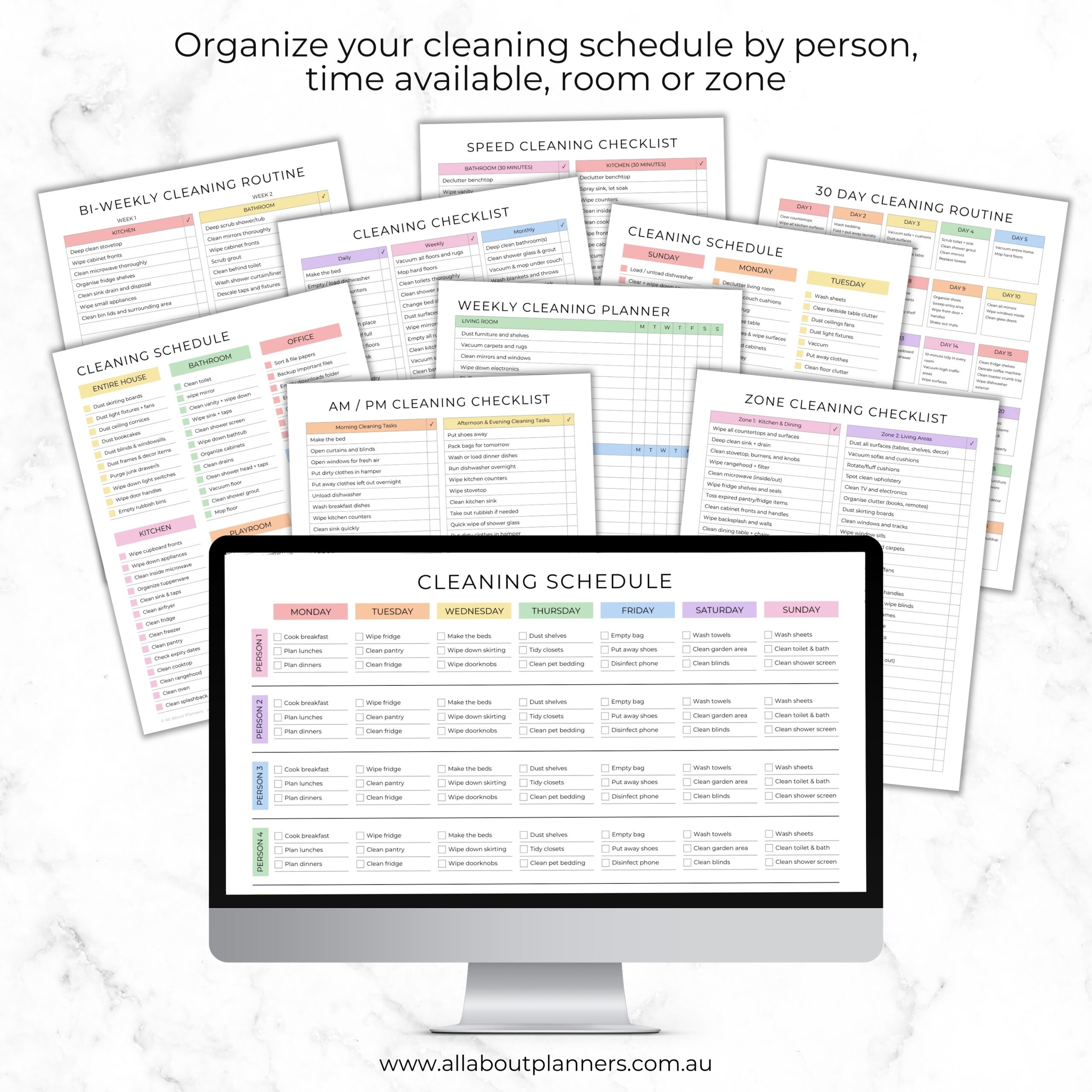ADHD cleaning planner printables cleaning schedule chore chart zone by room color coded prefilled tasks seasonal quick time based monthly to do list