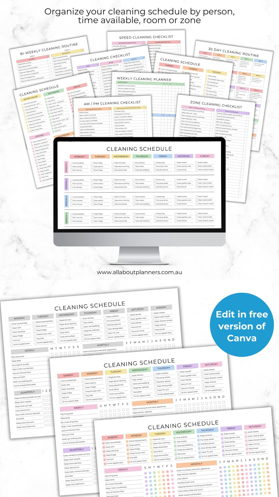 ADHD cleaning planner printables color coded by room category house zones speed cleaning quick kitchen bathroom declutter monthly annual tasks routine