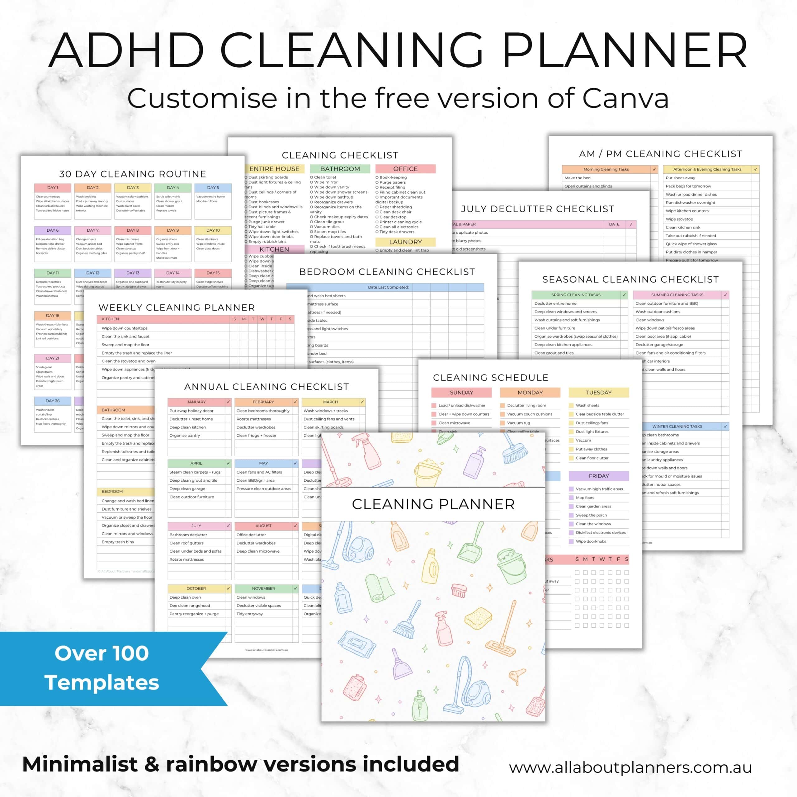 adhd cleaning planner checklist chore chart organize cleaning task by zone room time available declutter monthly seasonal weekly bi weekly annual