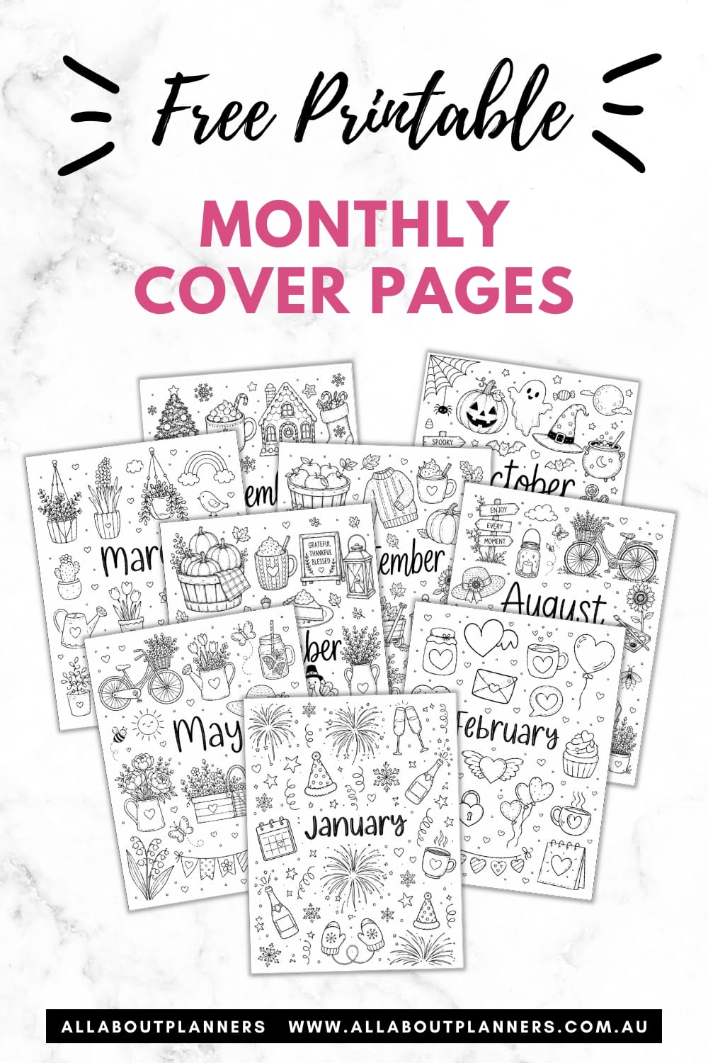 bullet journal monthly cover pages doodle hand drawn style free printable download pdf decorative pages for planner themed months of the year adult coloring in pages