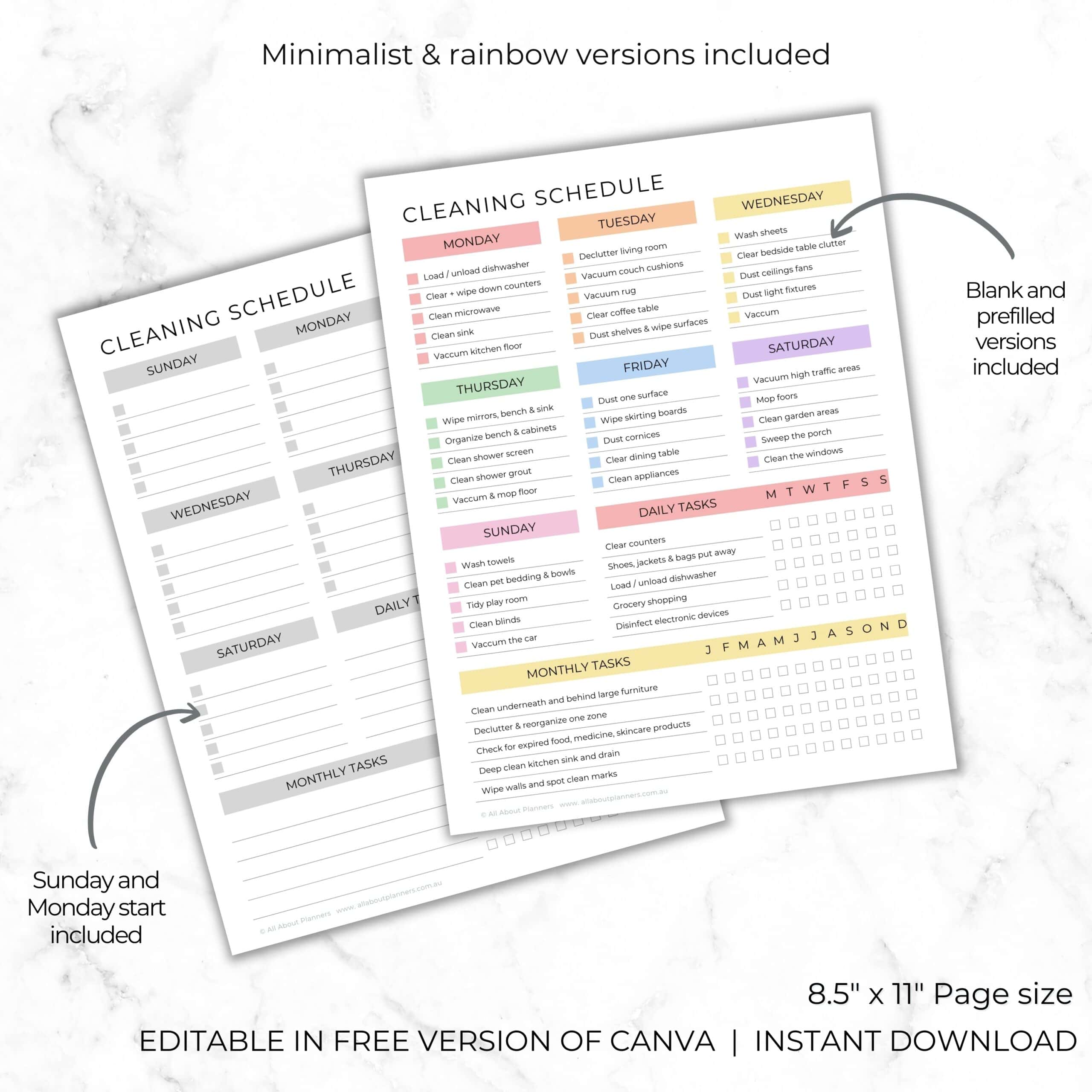 canva cleaning checklist template editable fillable color coded cleaning checklists by room zone chore tasks list prefilled family cleaning schedule