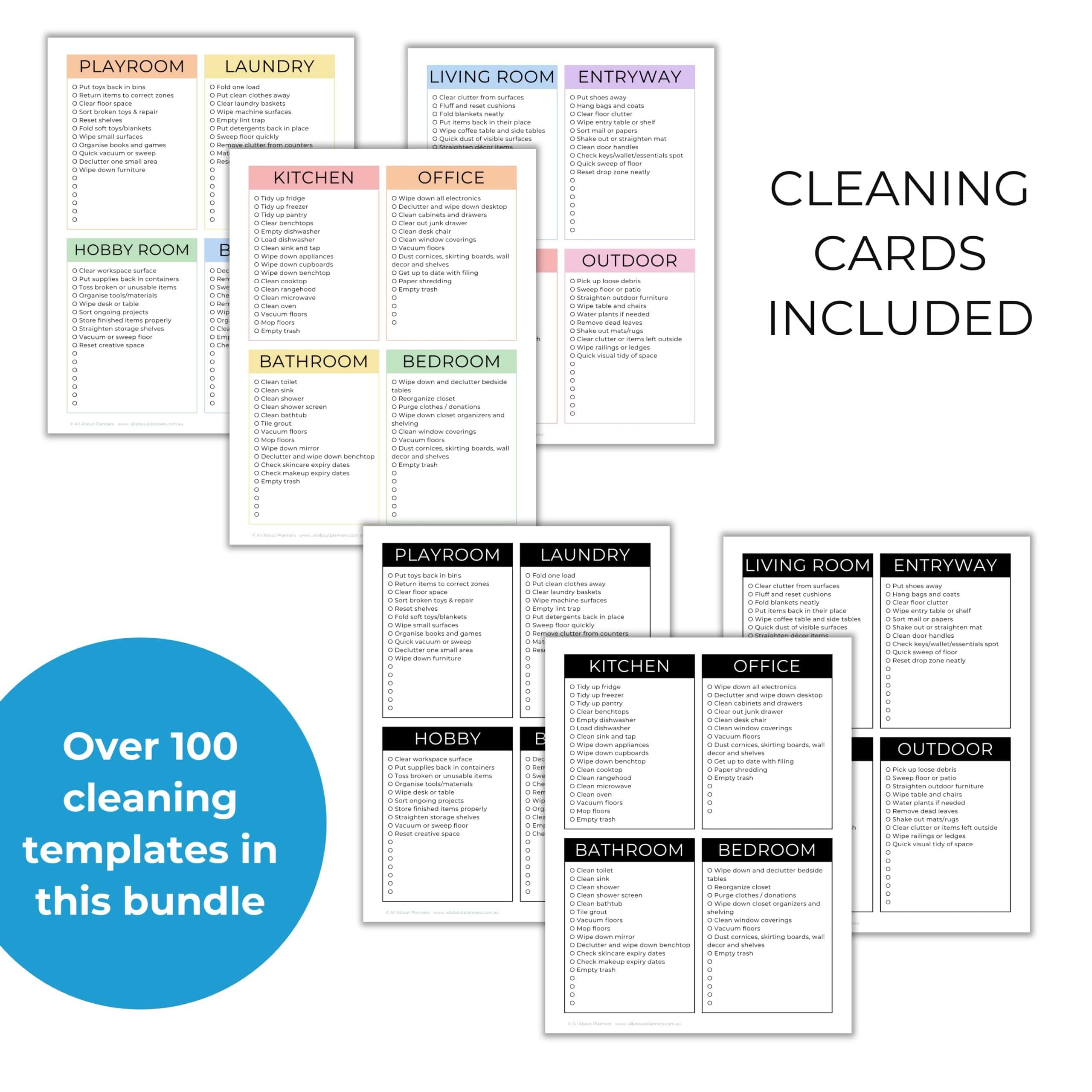 cleaning cards rainbow color coded by room mininalist printable download edit customise in canva free version prefilled tasks save time