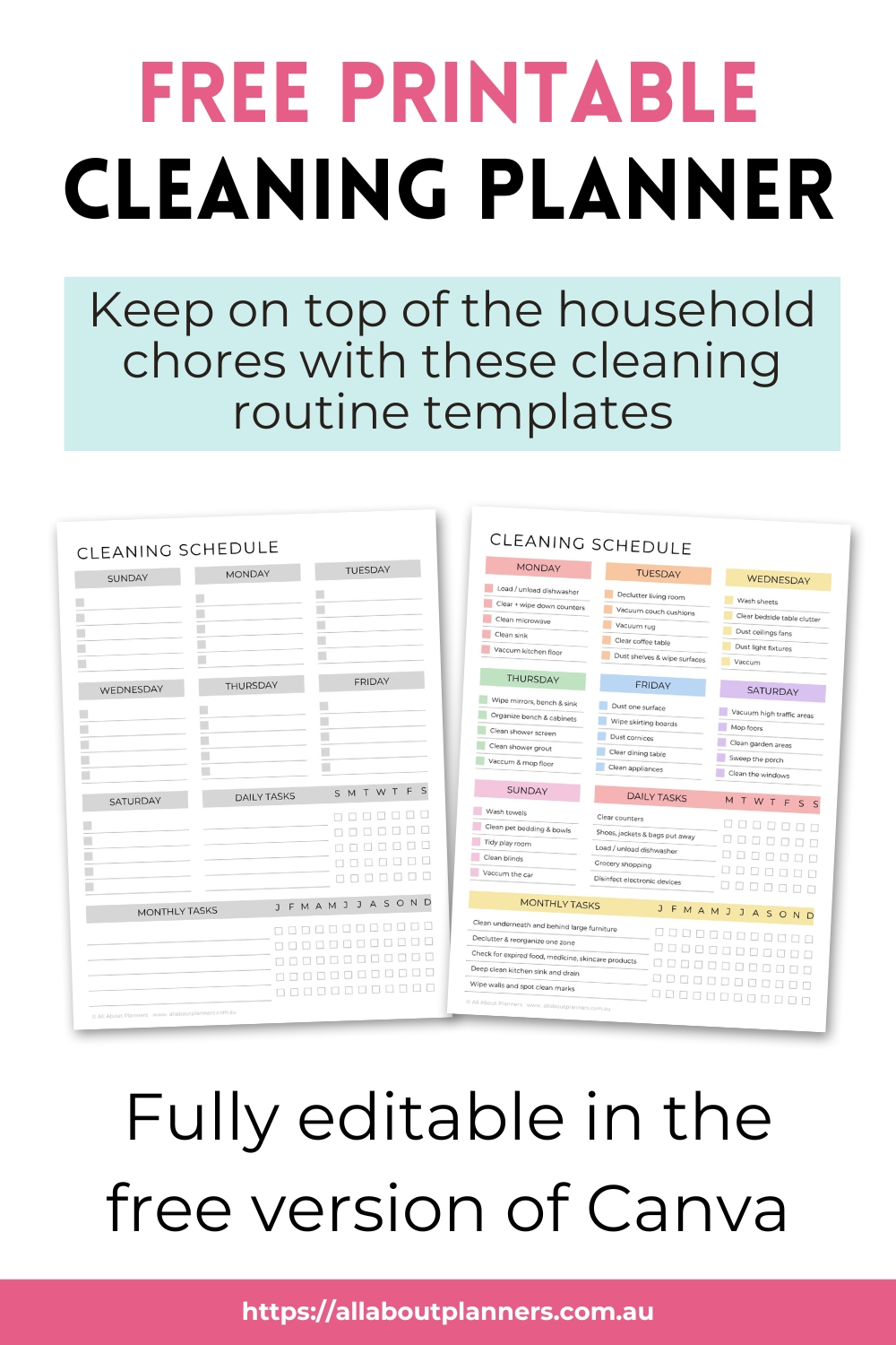free weekly cleaning schedule routine habit tracker daily weekly monthly fully editable customise in canva color coded adhd chores tracker chart