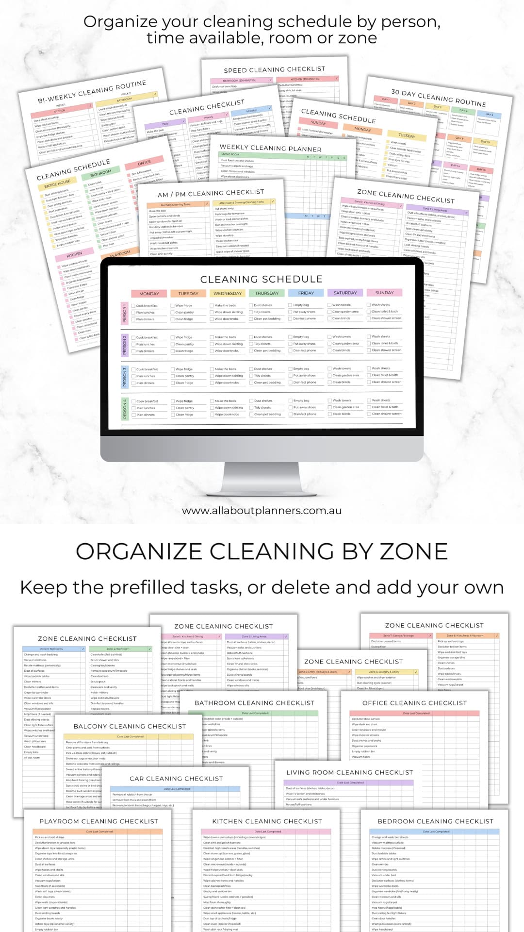 how to set up a cleaning routine that works cleaning by zone editable fillable canva templates color coded ADHD cleaning planner printables family chore chart