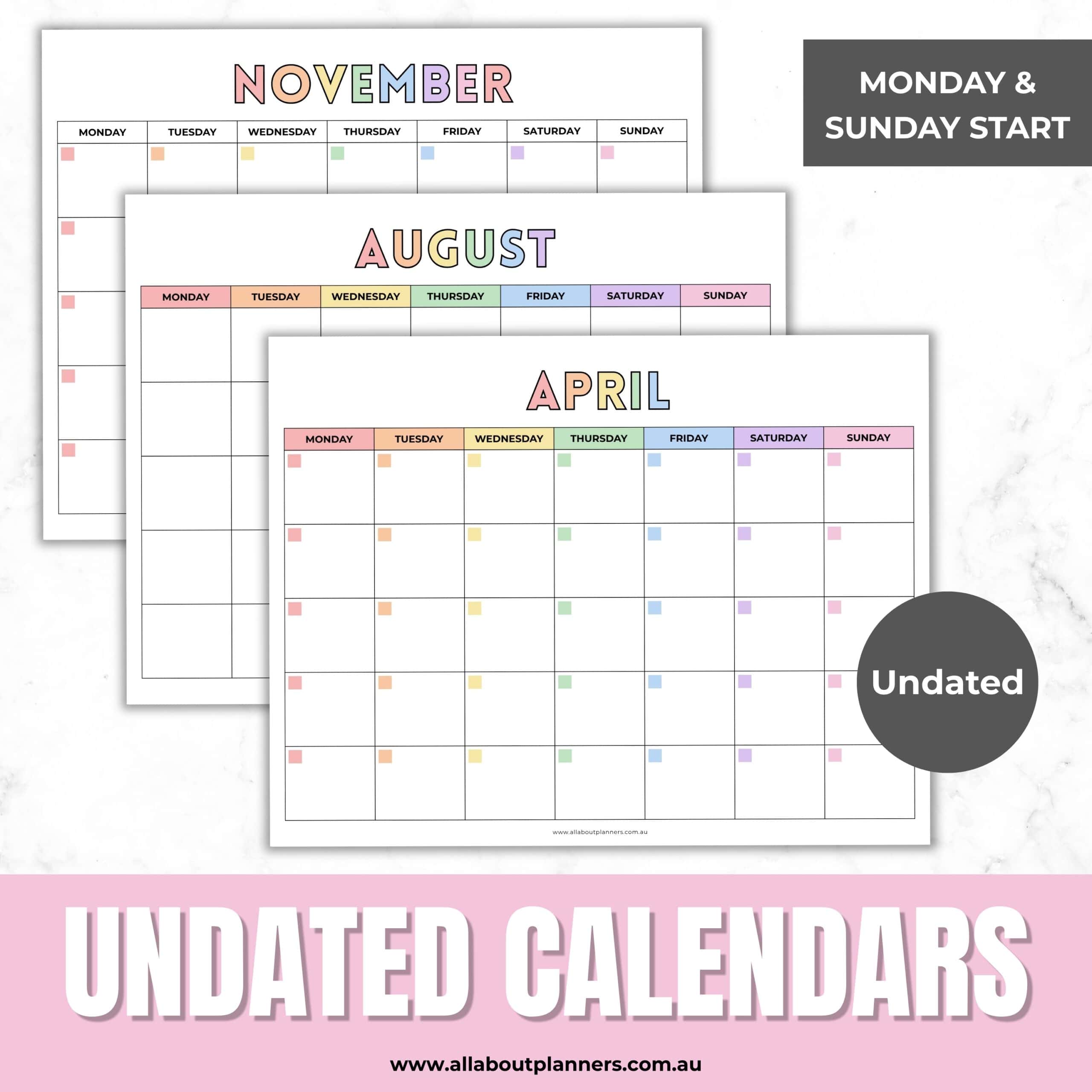 undated calendar printable rainbow monday sunday week start template editable in canva free version use for school meal plan fitness chores