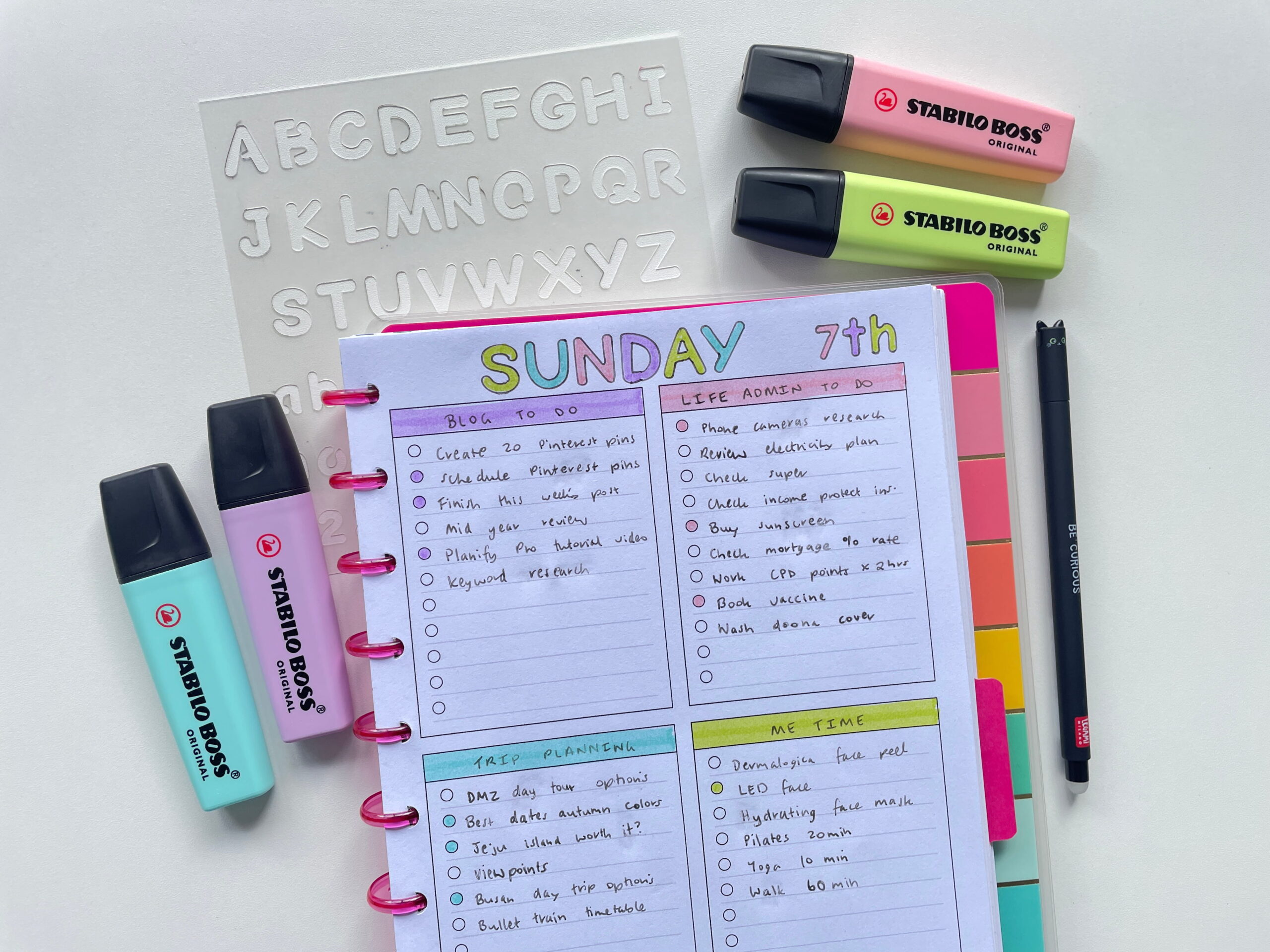 bullet journal daily spread anything checklist printable categorised task list color coded pastel stabilo boss highlighters