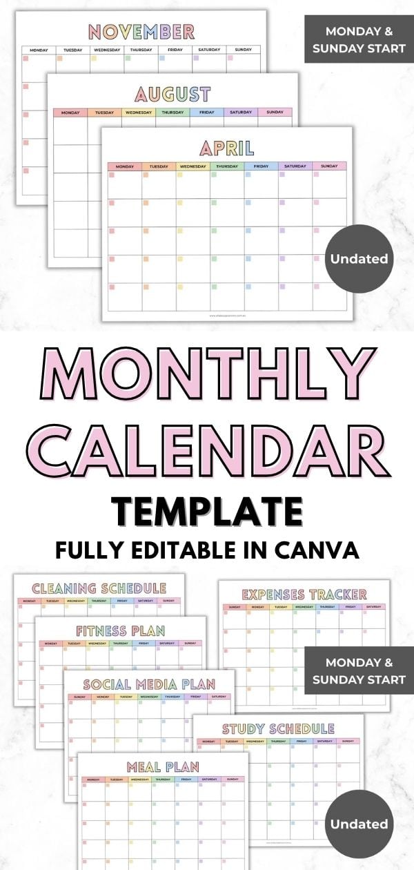 calendar template canva tutorial how to make a monday sunday start simple 1 page landscape orientation minimalist calendar for each month of the year