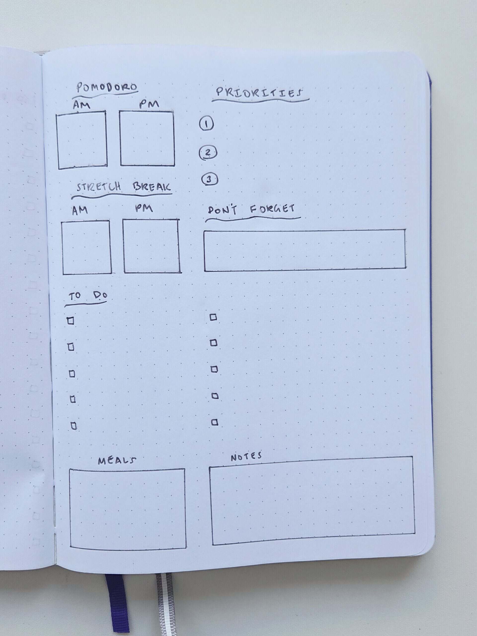daily planner productivity layout pomodoro tracker stretch break am pm meals schedule checklist notes priorities focus study