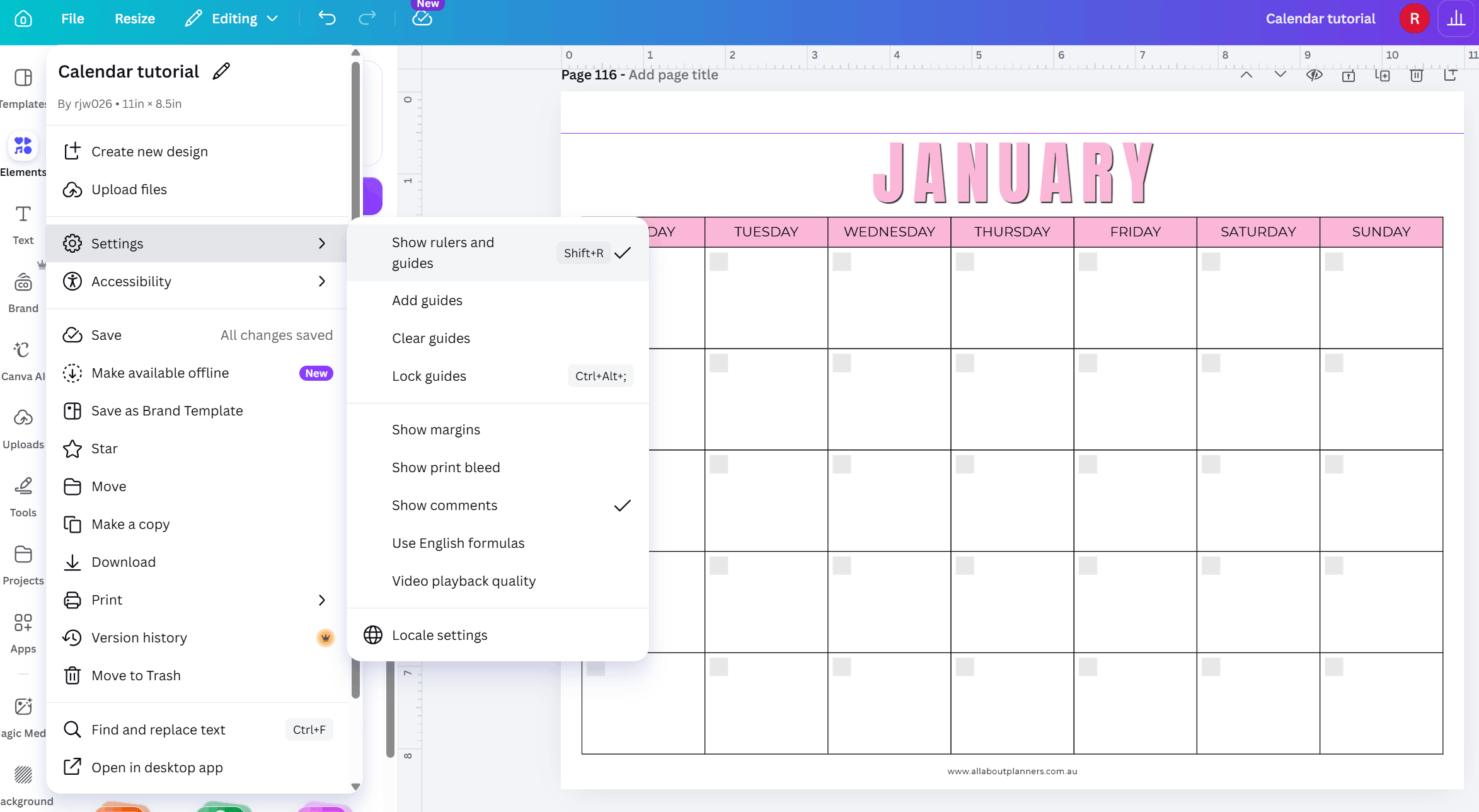 how to add print margin rules guides make a monthly calendar dated undated in canva free tutorial video step by step tutorial (1)