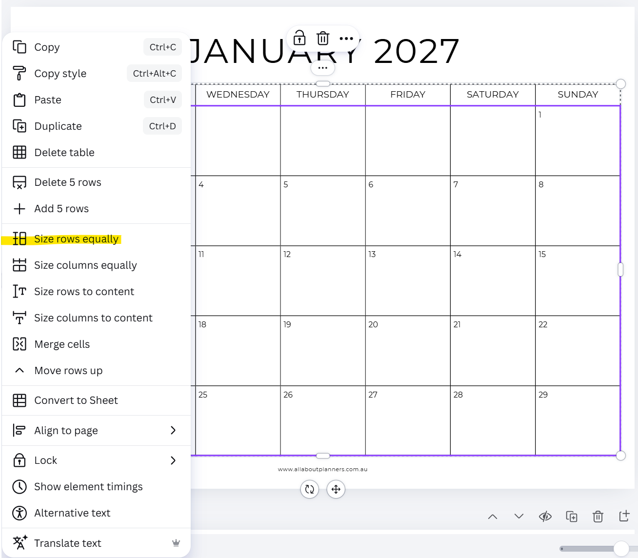how to create equal sized rows in a table in canva make monthly calendar step by step video instructions downloadable template
