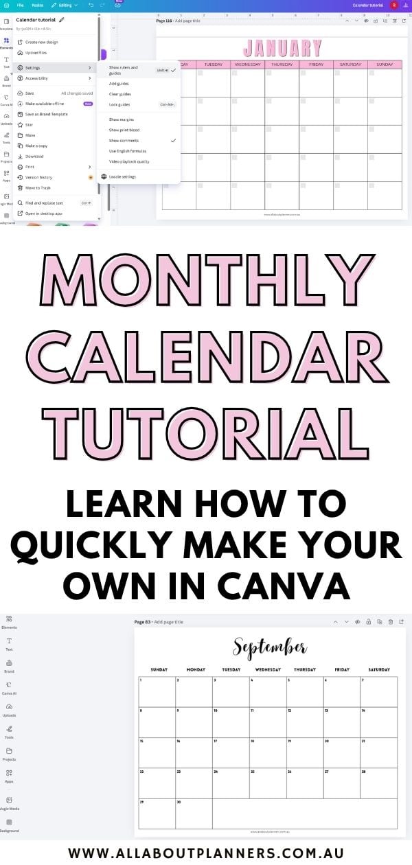 how to make a month;y calendar in canva video tutorial monday sunday start landscape page orientation simple minimalist color coded fast quick easy