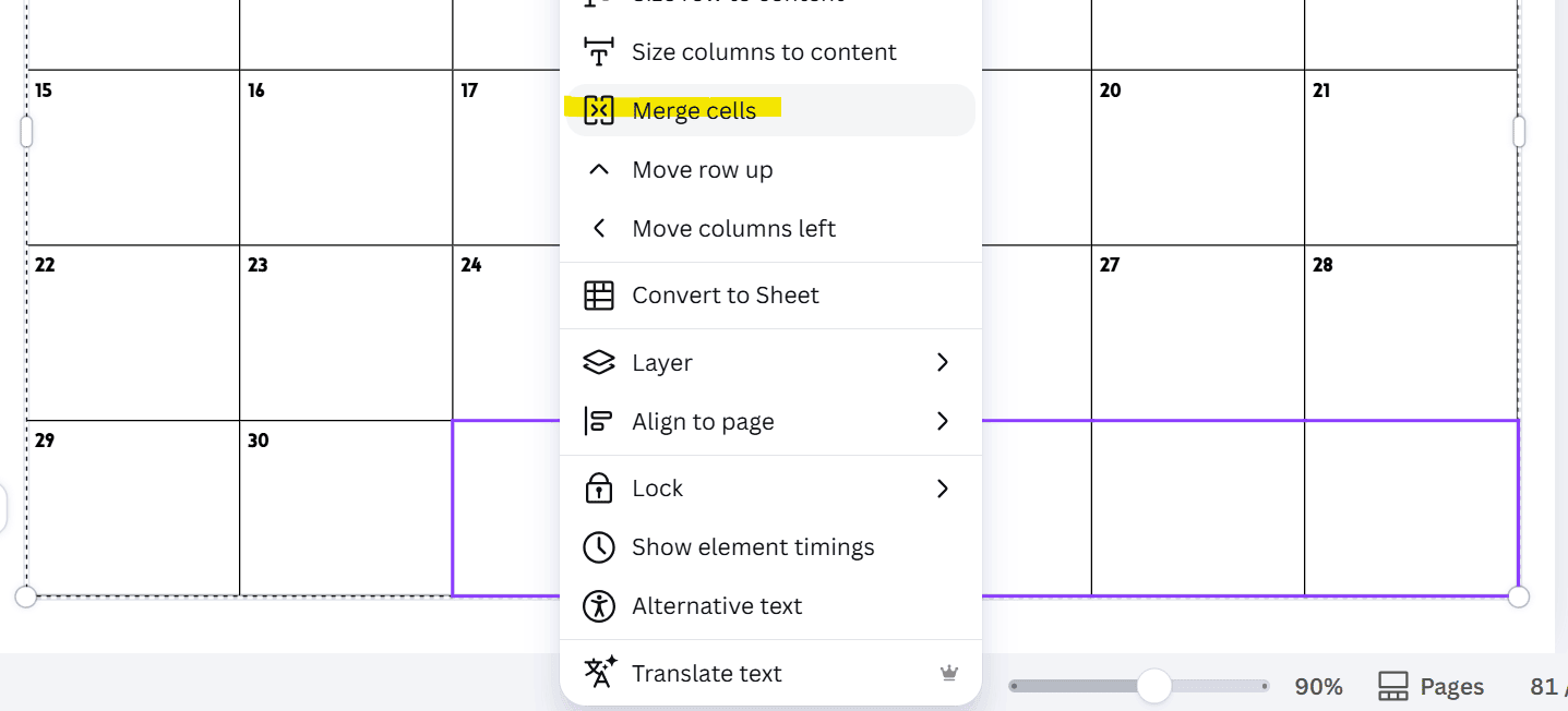 how to merge cells in canva monthly calendar tutorial (1)