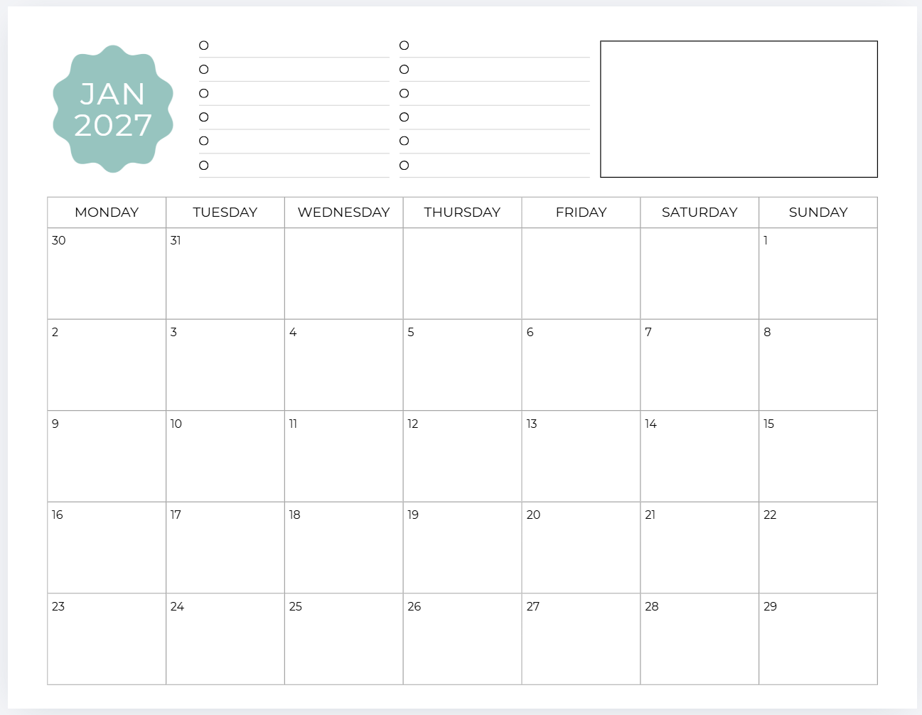 minimalist monthly calendar template canva editable monday start sunday dated undated lined noted with habit tracker