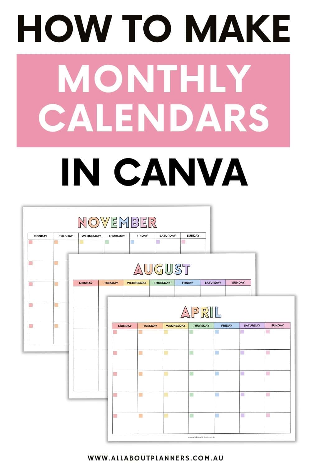 monthly calendar canva template tutorial fast easy free sunday monday start minimalist colorful rainbow meal plan study schedule fitness content calendar