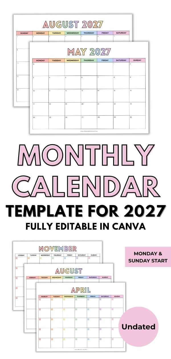 monthly calendar template for 2027 dated monday start sunday week start undated editable canva template customise change colors fonts text