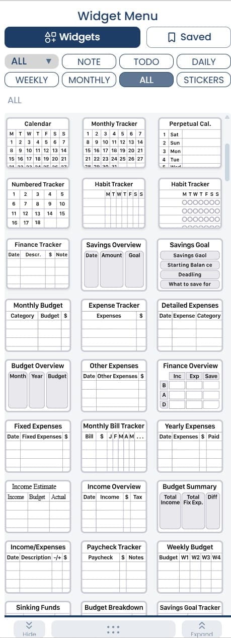 planify pro widgets menu how to make printables daily weekly monthly calendar budgeting bill tracker expenses pre-dated digital planners tutorial (1)