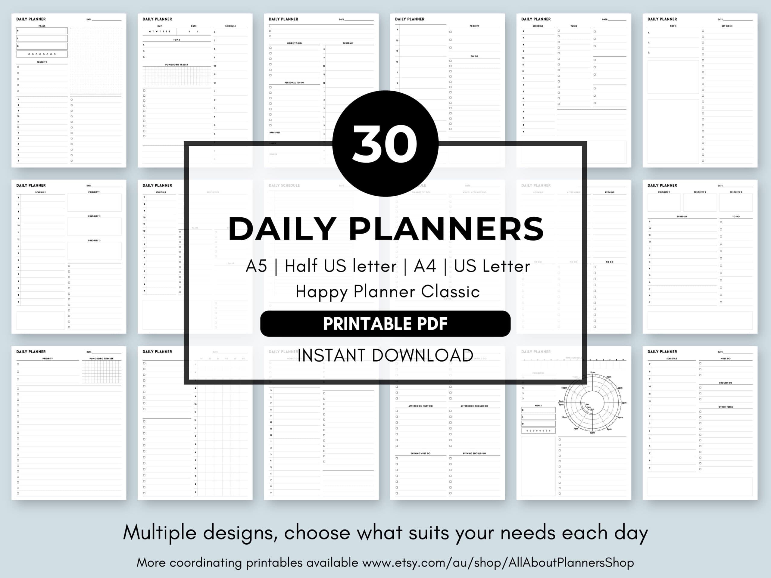 Minimalist Daily Planner Bundle Printable Day to a Page Planner with Checklist Time Blocking Pomodoro Focus Tracker and Notes