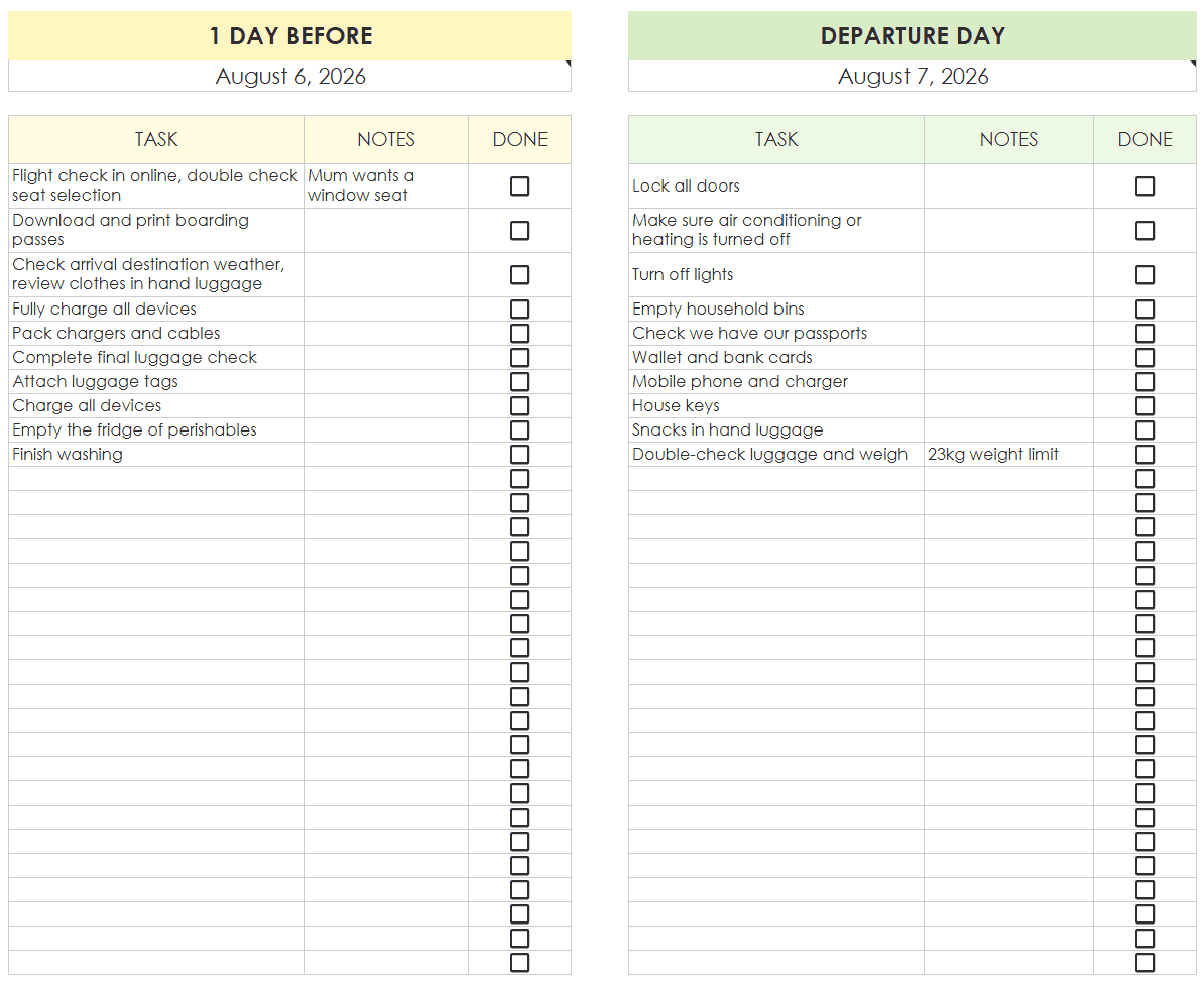 all in one travel planner to do checklist google sheets spreadsheet template day before week before month before prefilled tasks vacation itinerary cruise planner road trip organizer