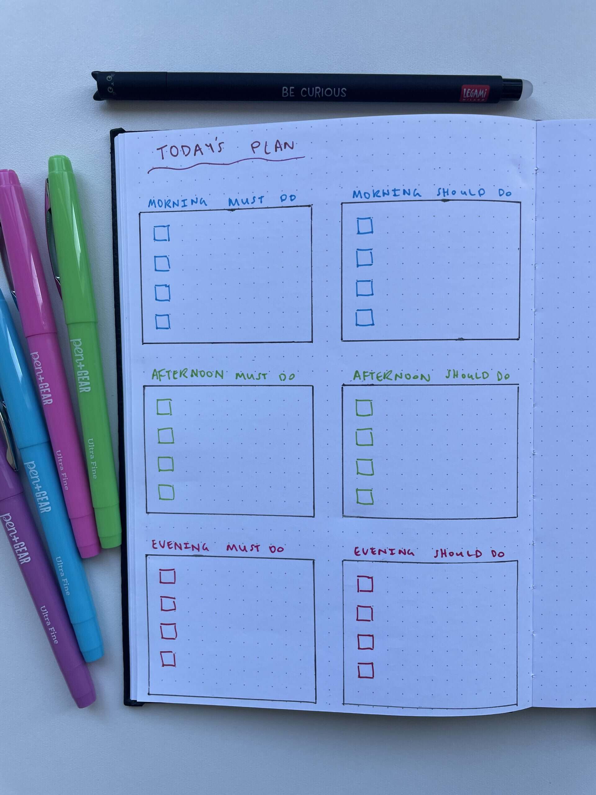 daily planner must do should do if have time morning afternoon evening tasks energy level priority get things done with a bullet journal