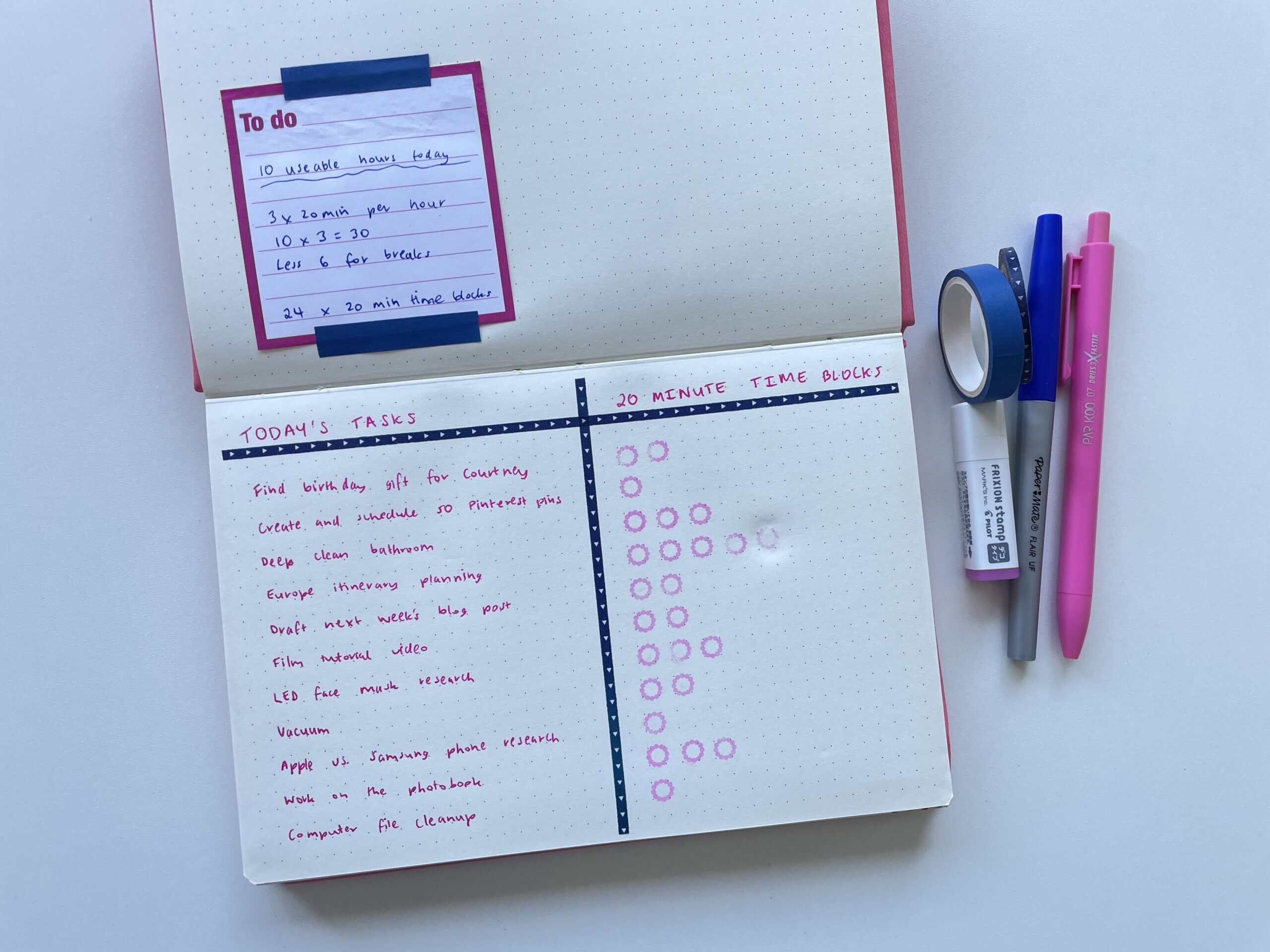 daily planner productivity layout bullet journal ideas frixion erasable stamps simple minimalist use washi tape time based tracker daily habits