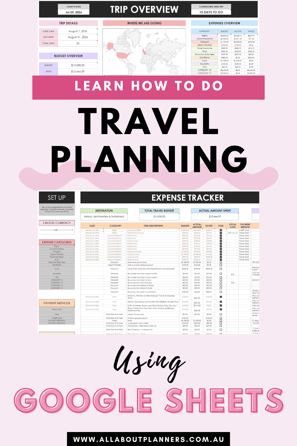 google sheets travel planner template expenses daily itinerary flight routes research day tour comparison transport train bus routes tips spending group family